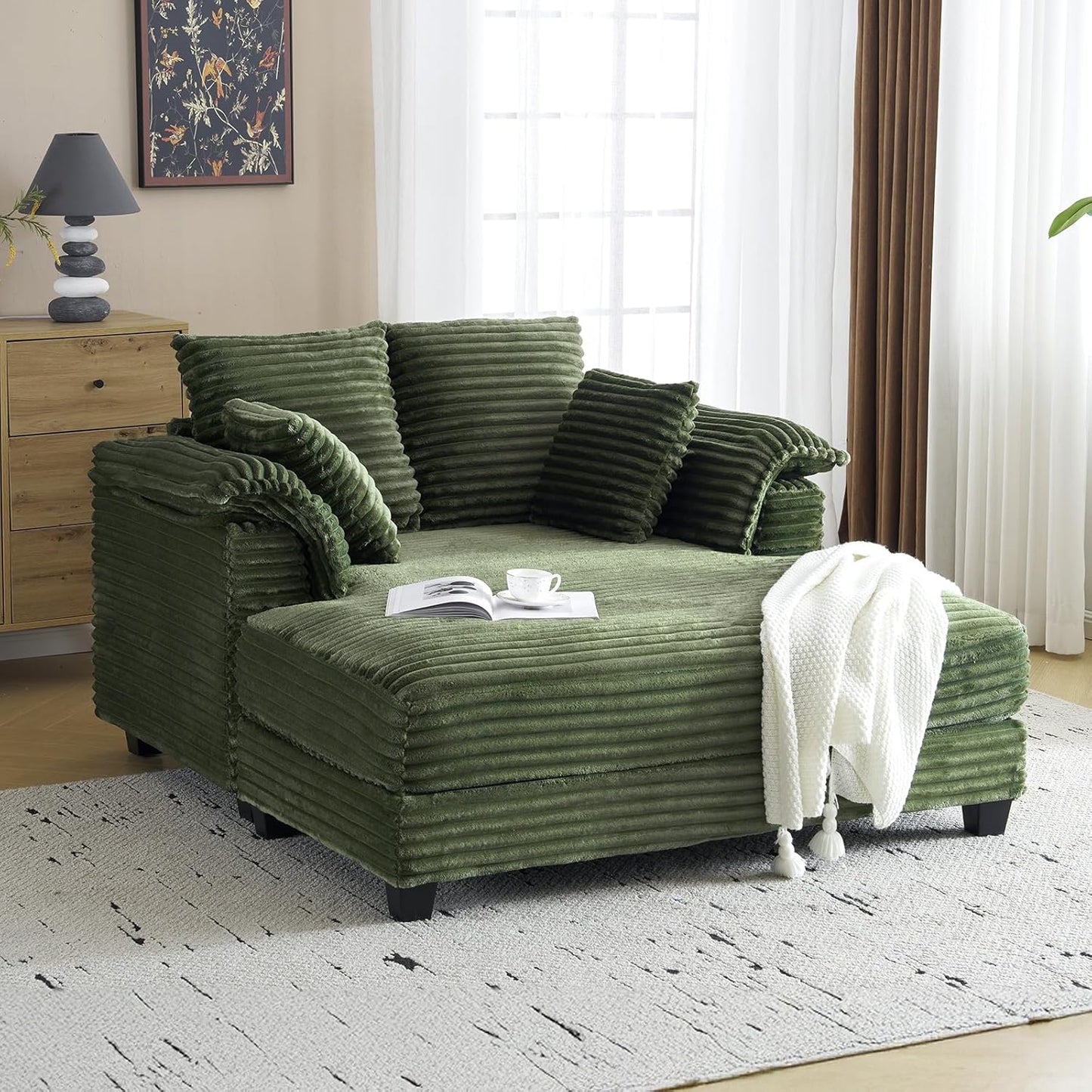 LEADZM Lounge Sofa, 56" Oversized Reading Sofa Corduroy Chaise Sofa Recliner Bed Upholstered Comfy Sleeper Couch with Throw Pillows And Armrests for Living Room, Movie Room, Bedroom