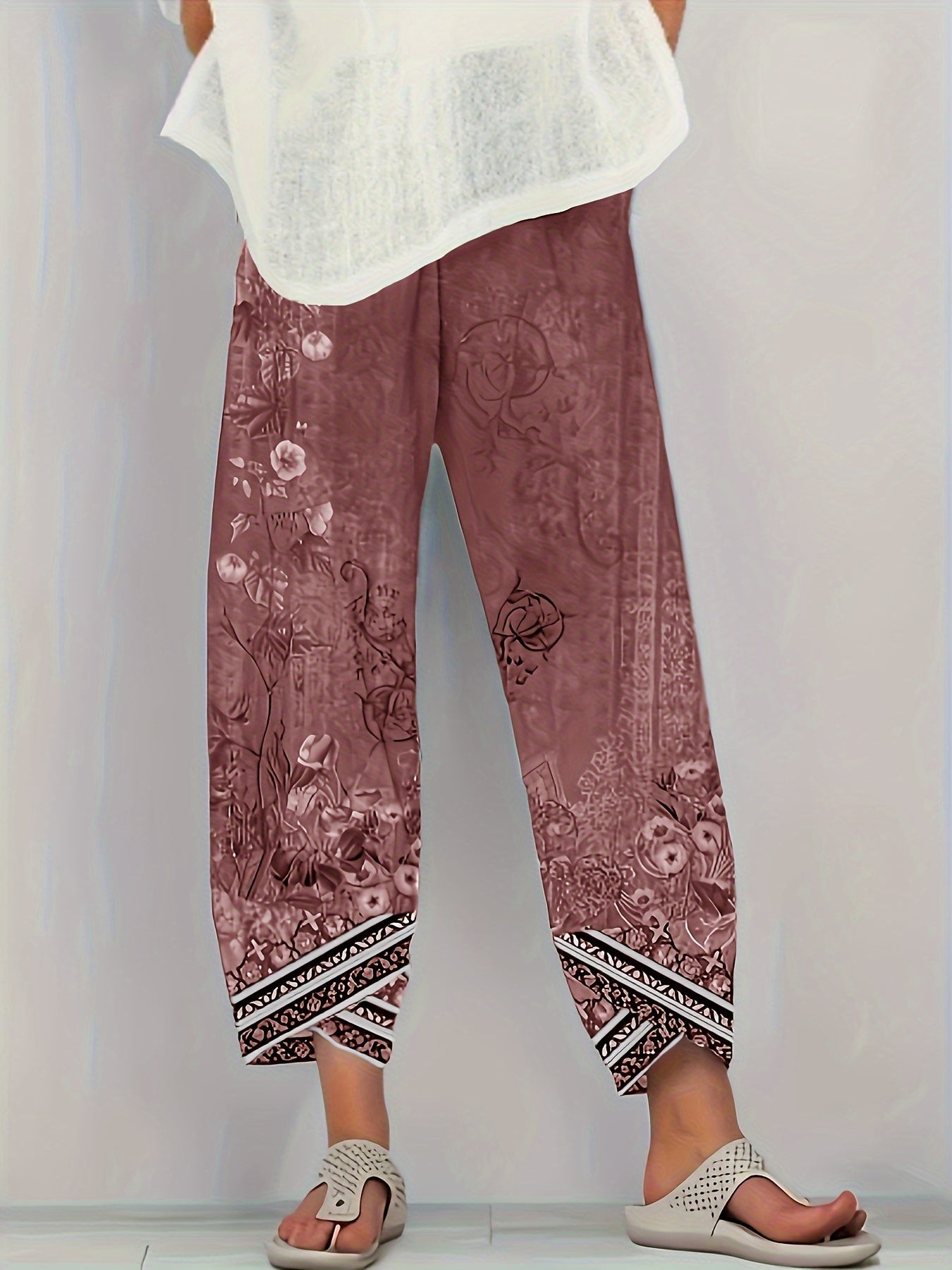 [Floral Print Palazzo Pants] Plus Size Floral Print Palazzo Pants | High Waist Wide Leg Cropped Pants, Soft Polyester Casual Summer Pants for Women, Lightweight & Breathable, Perfect for Casual Attire, Allseason Pants