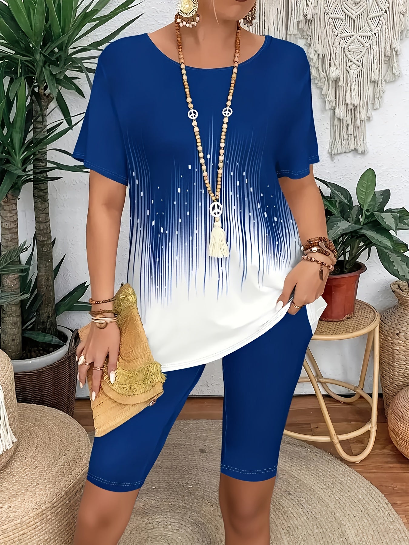 Women's Fashion Casual Breathable Short Sleeve Two-Piece Set, Colorful Striped Print, Five-Quarter Stretch Leggings, Suitable for Daily Commute, Leisure Wear, Travel Vacation, Casual Wear, Daily Outfit, Trendy Fashion, Colorf