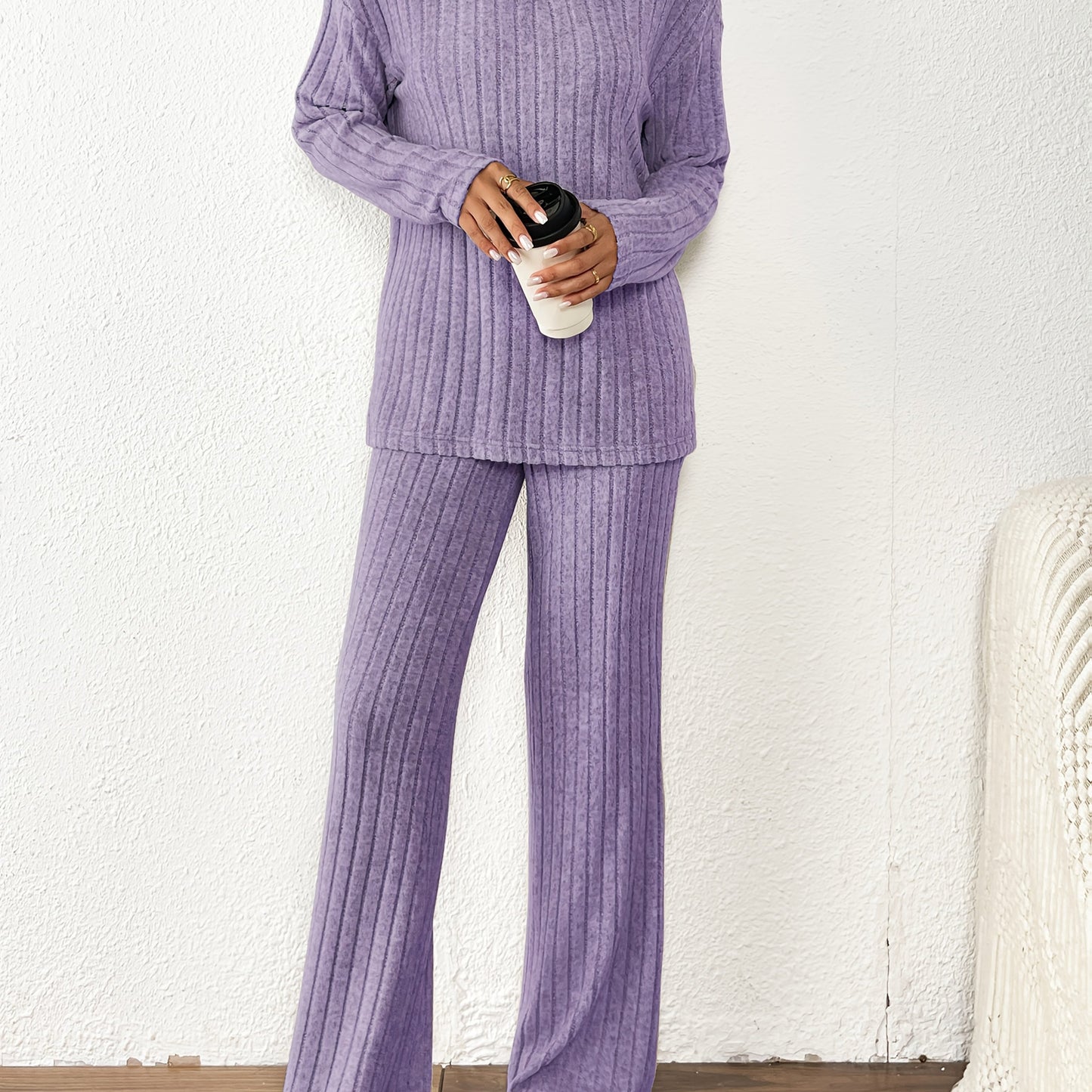 Cozy Ribbed V-Neck Top & Wide-Leg Pants Set - Soft Purple, Long Sleeve, Loose Fit, Perfect for Fall/Winter, Casual Wear|Vneck Top|Ribbed Texture