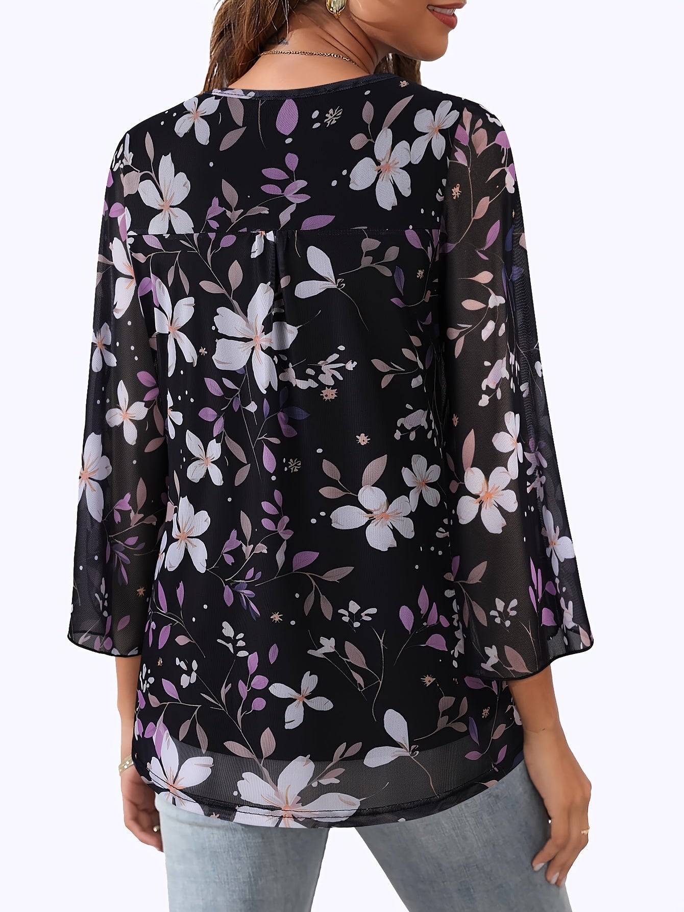 [Floral Blouse] Floral Print V-Neck Blouse | Women's Loose Fit Flowy Tunic Top with 3/4 Ruffle Sleeves & Double Layer Mesh Overlay - Semi-Sheer Lightweight Polyester-Spandex Blend for Spring/Summer Casual & Formal Outings