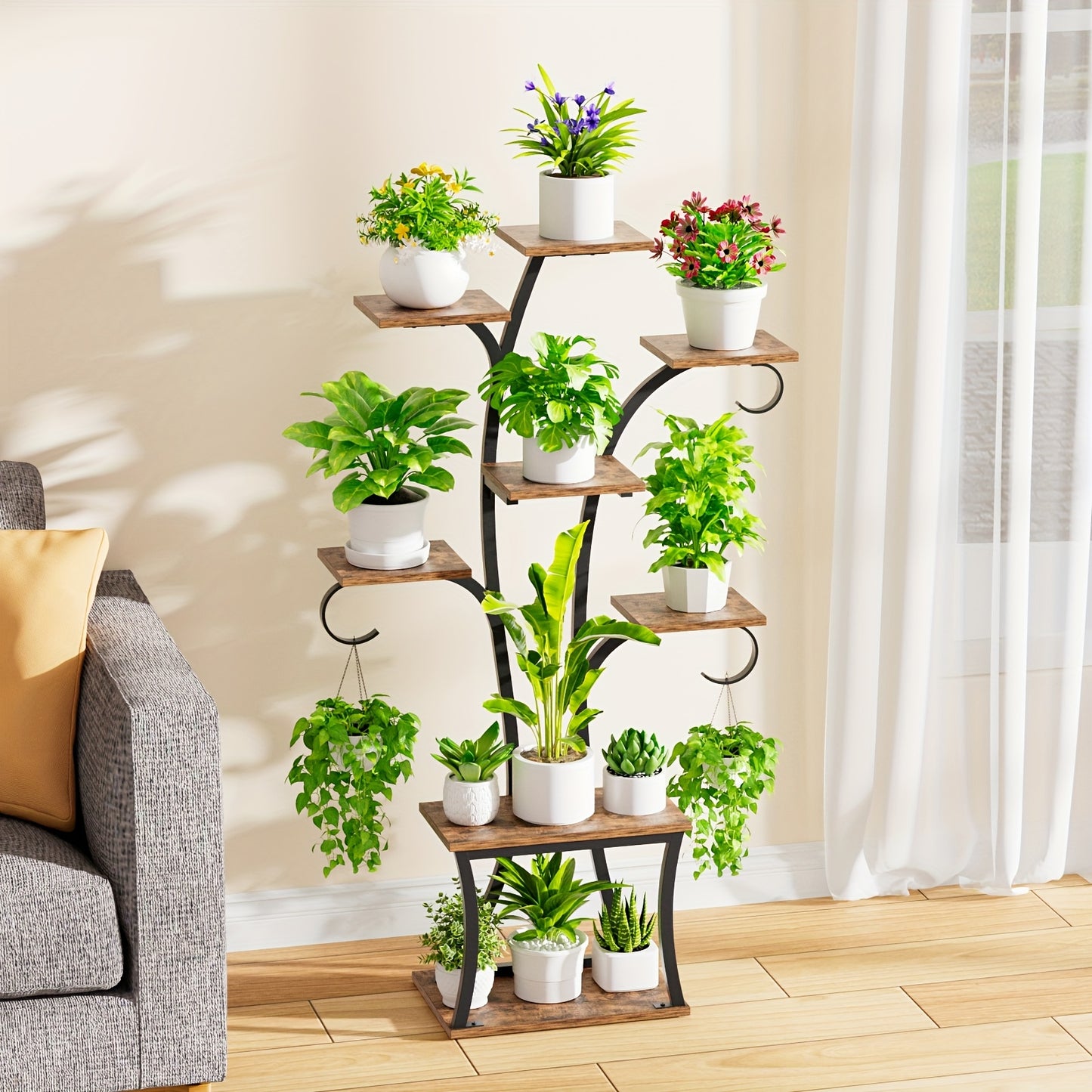 1pc Indoor Plant Stand With Grow Lights, 8-tier Corner Small Display Stand 47" Multi-functional Metal Display Shelf For Plants Handicraft, Tree-shaped Plant Shelf For Living Room Balcony Multiple Scenarios, Home Decor, Good G