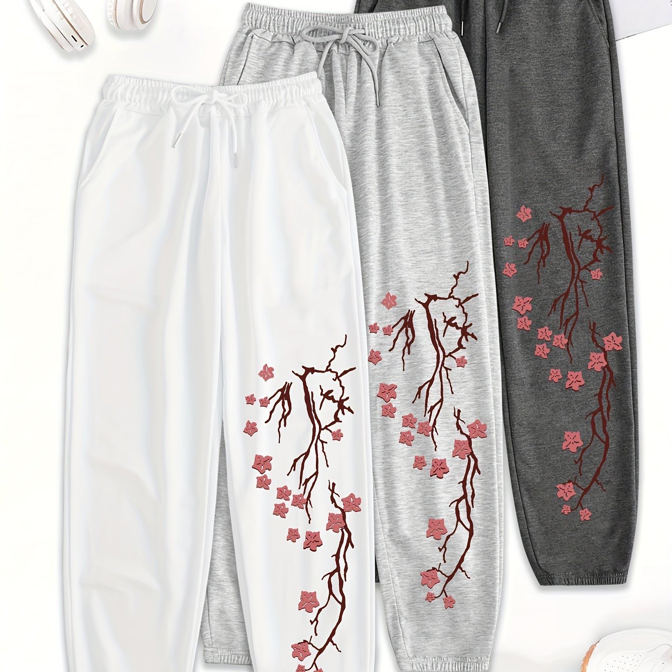 3pcs Women'S Casual Joggers with Elastic Waistband - Loose Fit, Drawstring Pants, White & Gray with Red Floral Print, All-Season Comfort, Jogging Pants