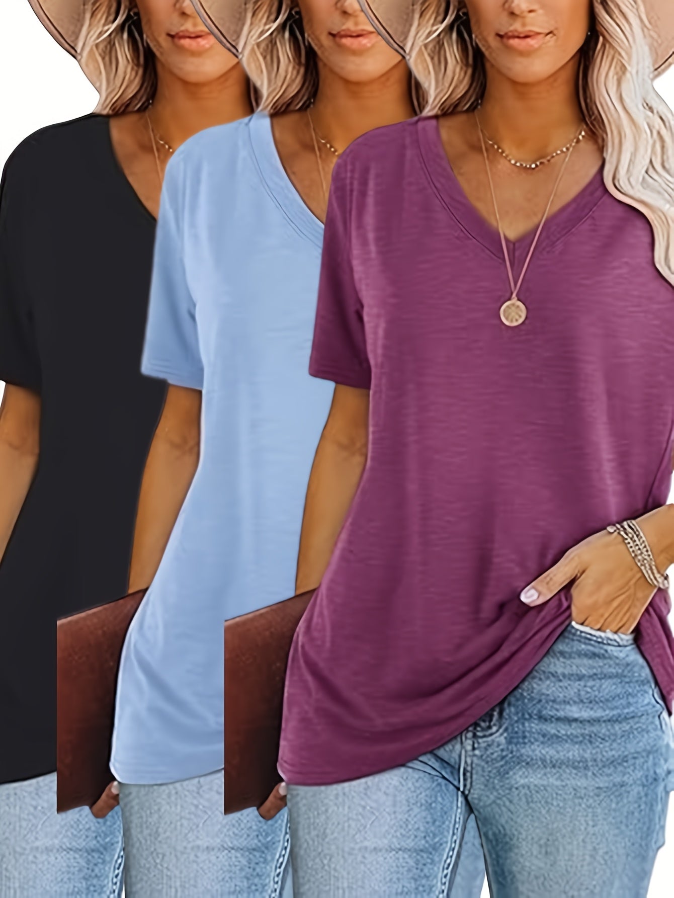 2025 European and American Fashion Casual Loose Print V-Neck T-Shirt Three-Piece Set