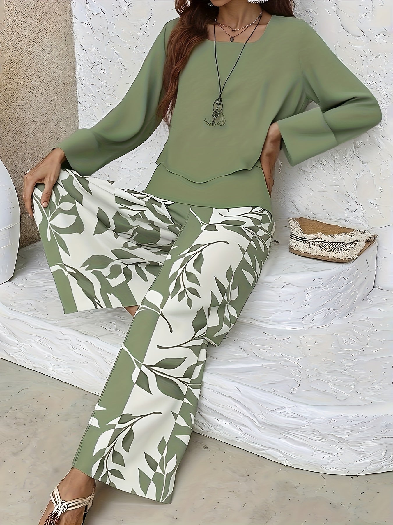 New Development: Plant Striped Printed Square Collar Double-layer Design, Long Sleeved Top, Straight Leg Pants Two-piece Set, Casual And Comfortable Long Sleeved Suit