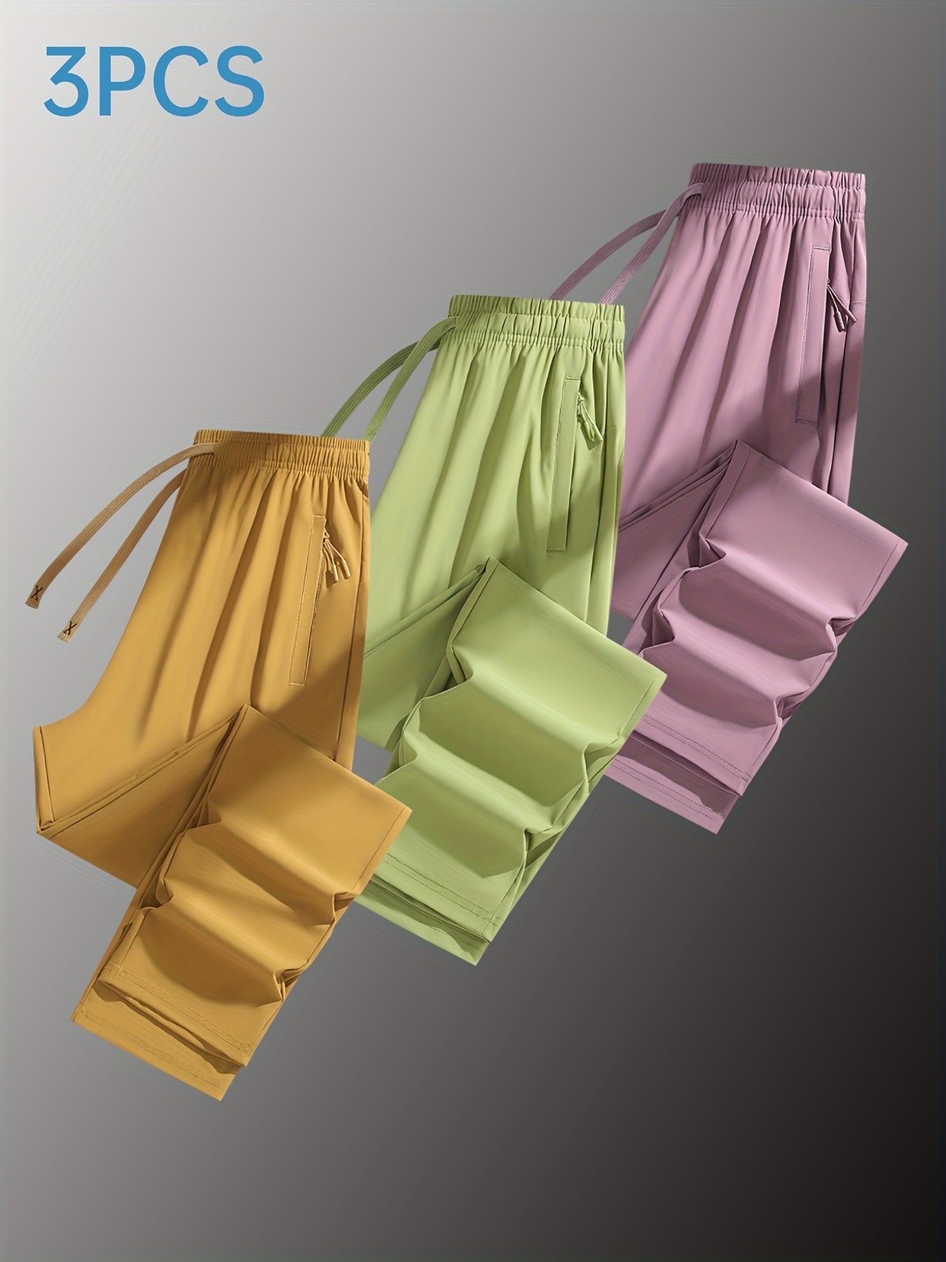 Three Pairs of Summer Women's Solid Color Long Pants with Elastic Drawstring Waist, Hidden Zipper Pockets, Nylon-Spandex Blend for Stretchy Straight-Leg Fit, Quick-Dry Fabric, Suitable for Daily Outings, Leisure, And Workouts
