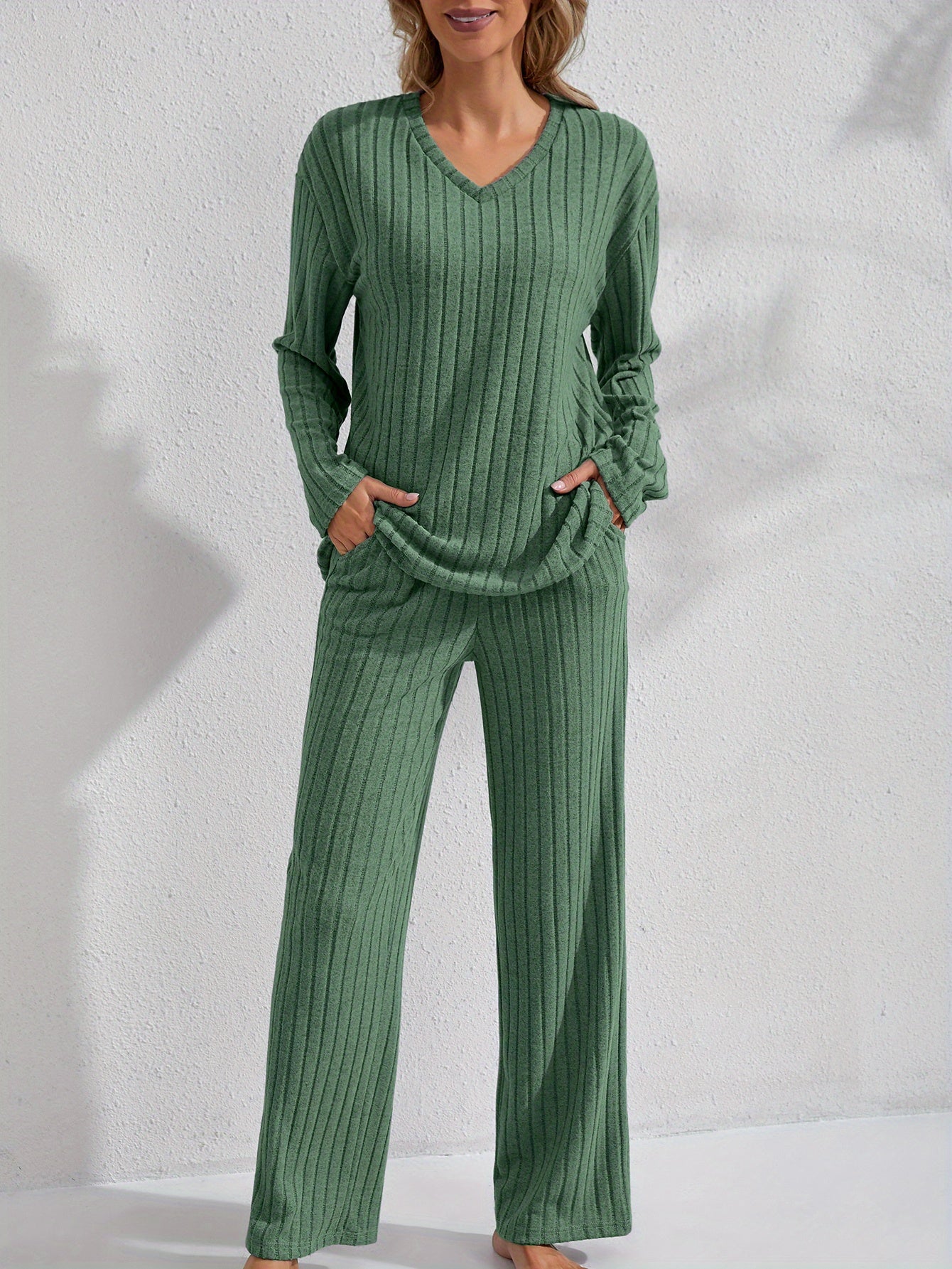 V-Neck Long Sleeve Top & Straight Leg Pants, Olive Green, Comfortable Polyester Blend for Casual Attire, Versatile Clothing|Ribbed Texture Design|Polyester Blend Set, Ribbed Knit Clothing