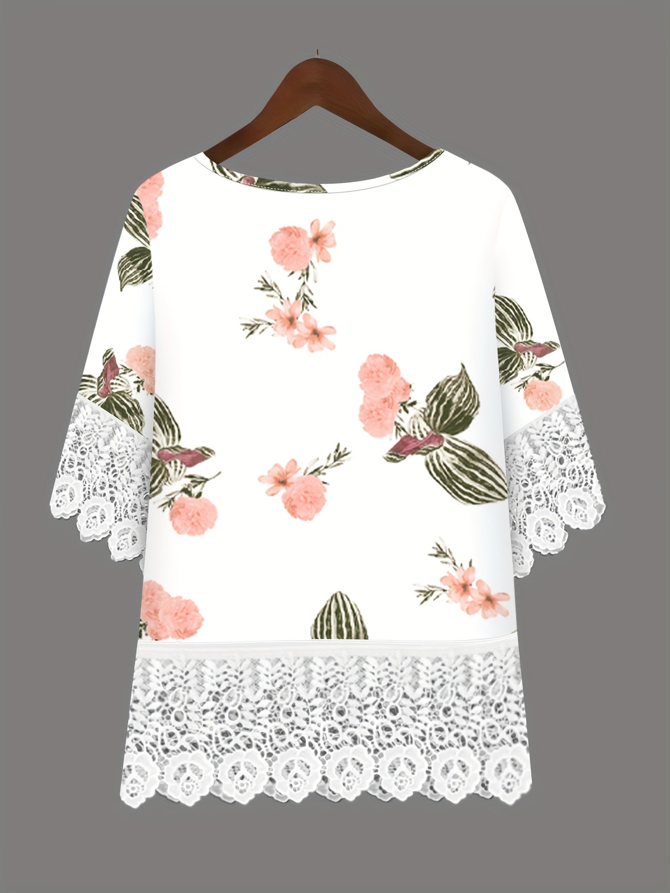 Women's Casual Set Floral Print Round Neck 3/4 Sleeve Lace Panel Top and Symmetrical Pocket Solid Color Pants Two-Piece Set