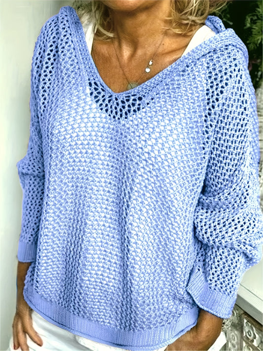 Women's Lightweight Hooded Sweater - Semi-Sheer V-Neck Openwork Design, Loose Fit Cover-Up, Casual Long Sleeve All-Season Layering Top, Summer Wardrobe Essential