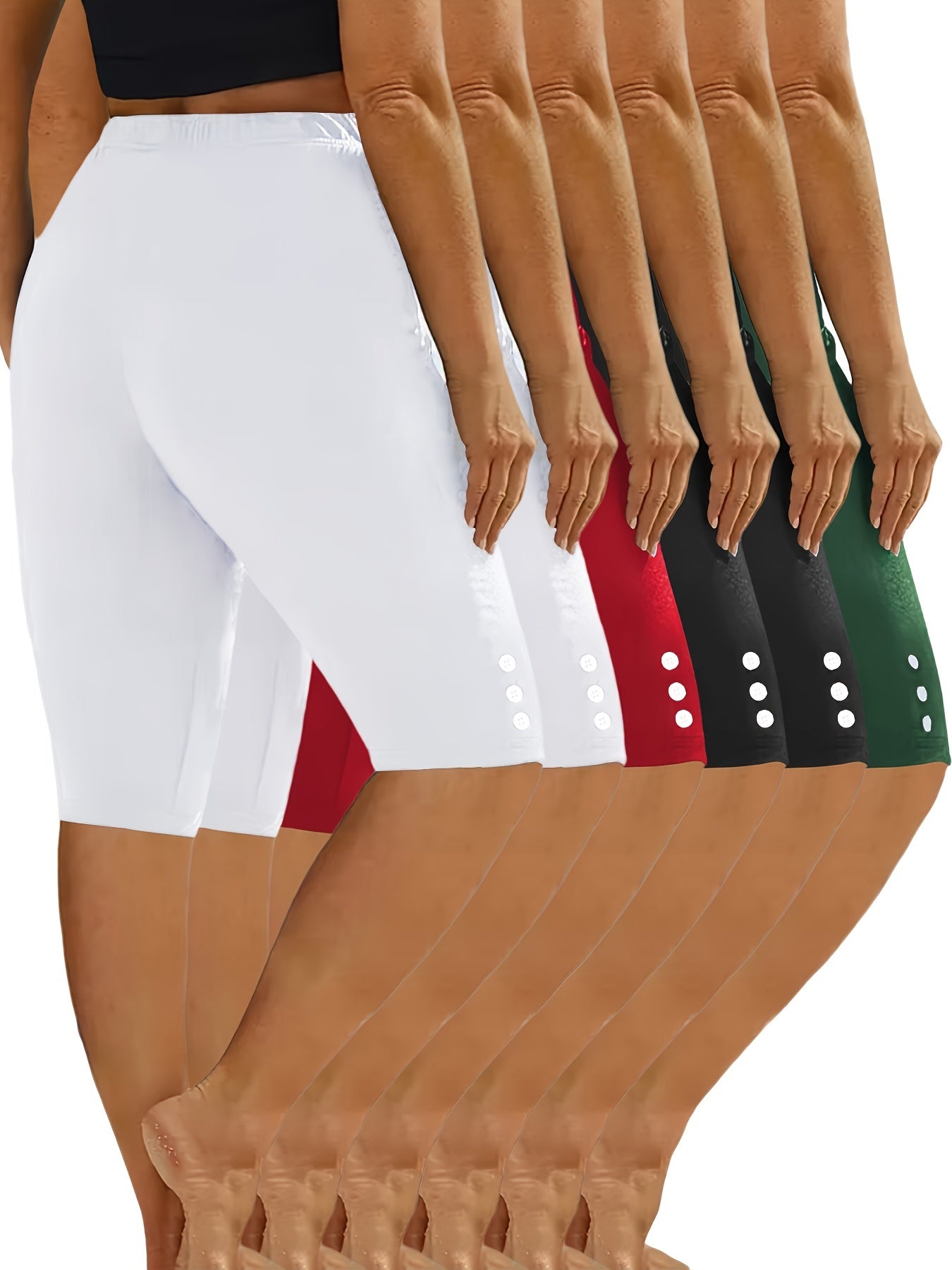 6pcs Women's High-Waisted Yoga Leggings - High-Stretch Solid Color Workout Pants with Faux Button Detail, All-Season Machine Washable Fitness & Casual Wear (Red/Teal/Beige/Olive), Yoga Pants