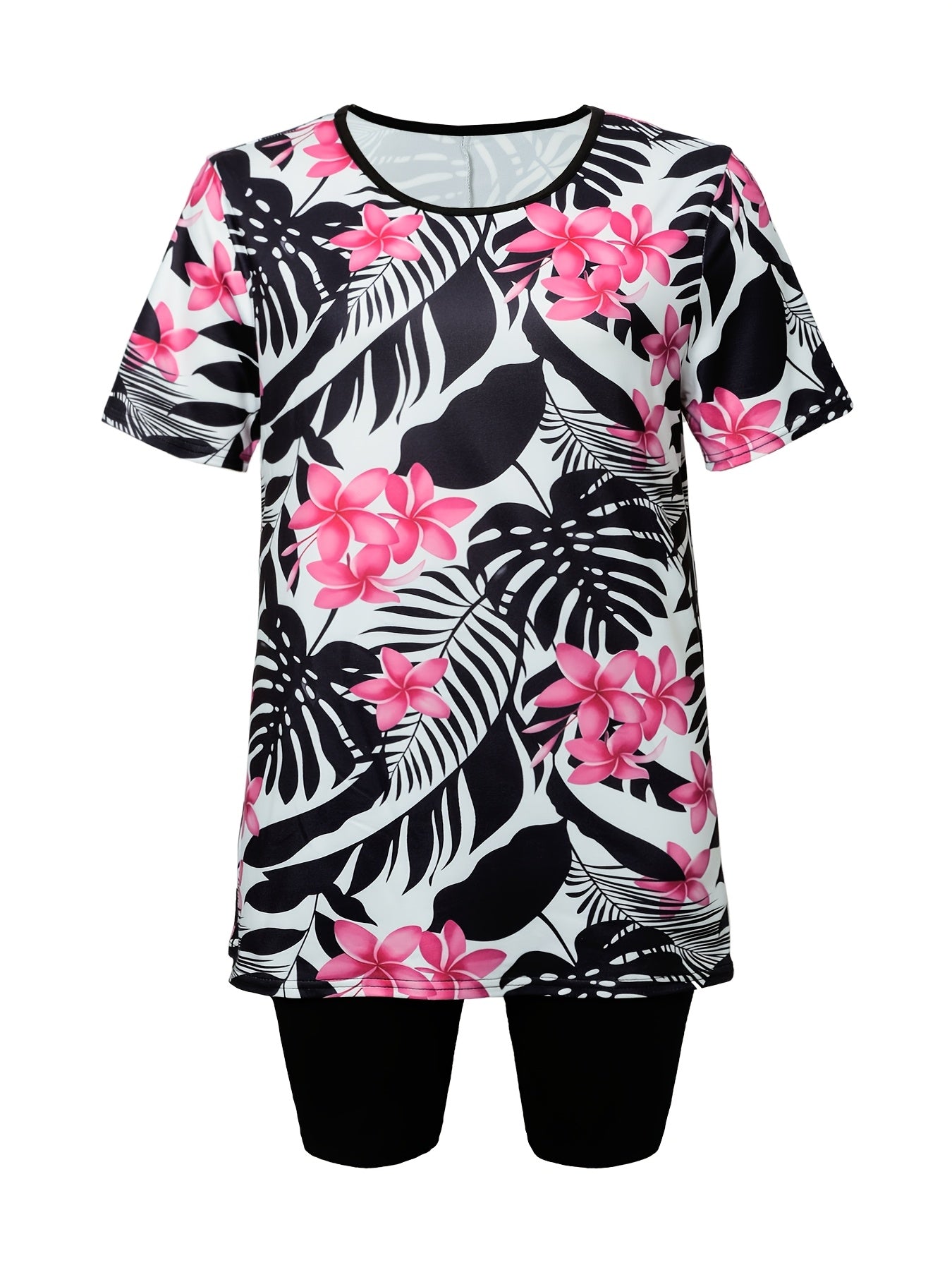 Women'S Elegant Two-Piece Leaf Print Casual Shorts and Top Set - Floral and Foliage Design, Short Sleeve T-Shirt with Round Neckline, Black and White, All-Season Comfort, Casual Attire|Floral Print Top|Short Sleeve Top, Flora