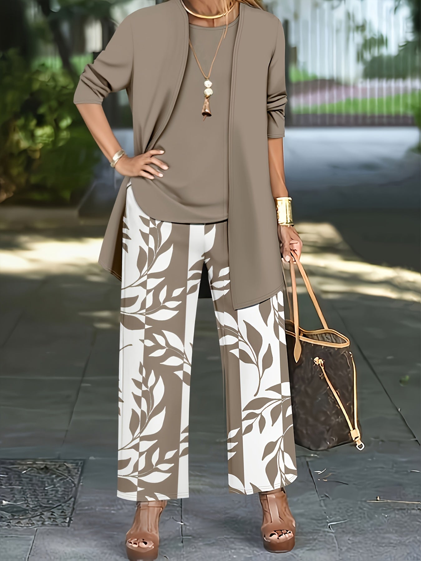 3pcs Women's Set: Solid Color Cardigan Jacket Paired with Camisole Top And Printed Casual Pants, A Must-have for Daily Wear