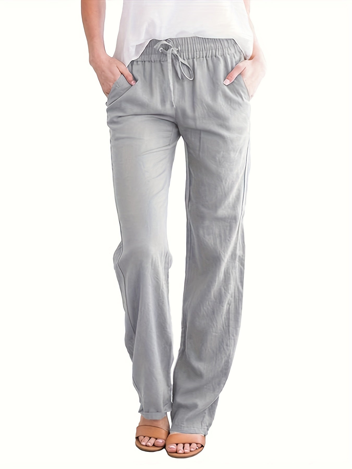 Women's Casual Solid Color Trousers with Pockets & Adjustable Drawstring Waist - Loose Fit Lightweight Pants for Spring Summer Fall, Machine Washable for Daily Commuting & Casual Outings, Flexible Clothing, Stylish Simplicity