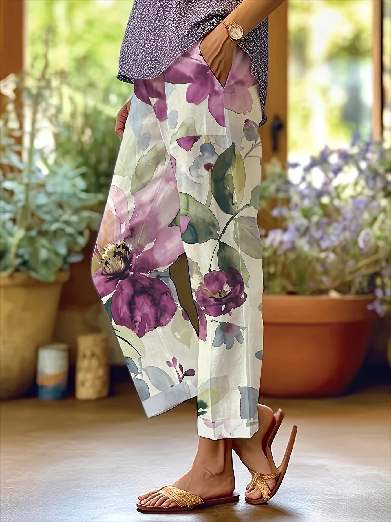 Women's Elegant Floral Print Straight-Leg Casual Pants with Pockets - Machine Washable Non-Stretch Fabric, All-Season Versatile Trousers for Casual Attire & Leisure Activities, Relaxed Activity Trousers, No Stretch Fabric