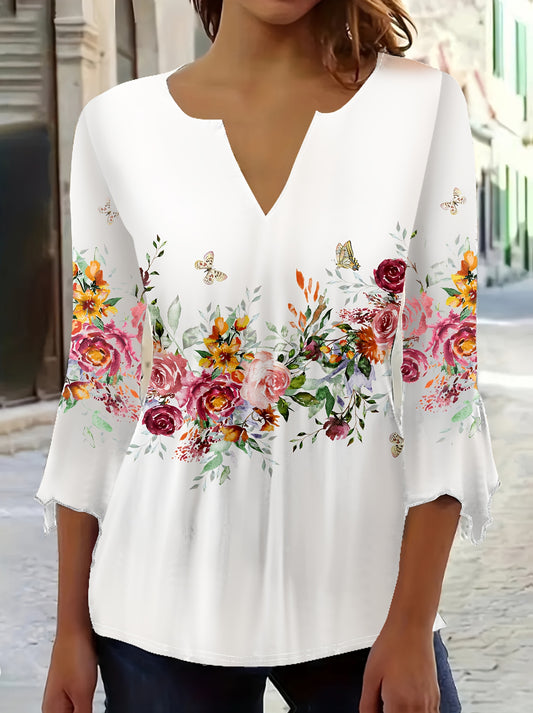Women's Elegant Floral Butterfly Print V-Neck Blouse - Lightweight Breathable Fabric, Machine Washable, All-Season Casual & Formal Wear, White with Multicolor Flowers, Regular Fit, Floral Print Blouse, Formal Wear Top, Vneck