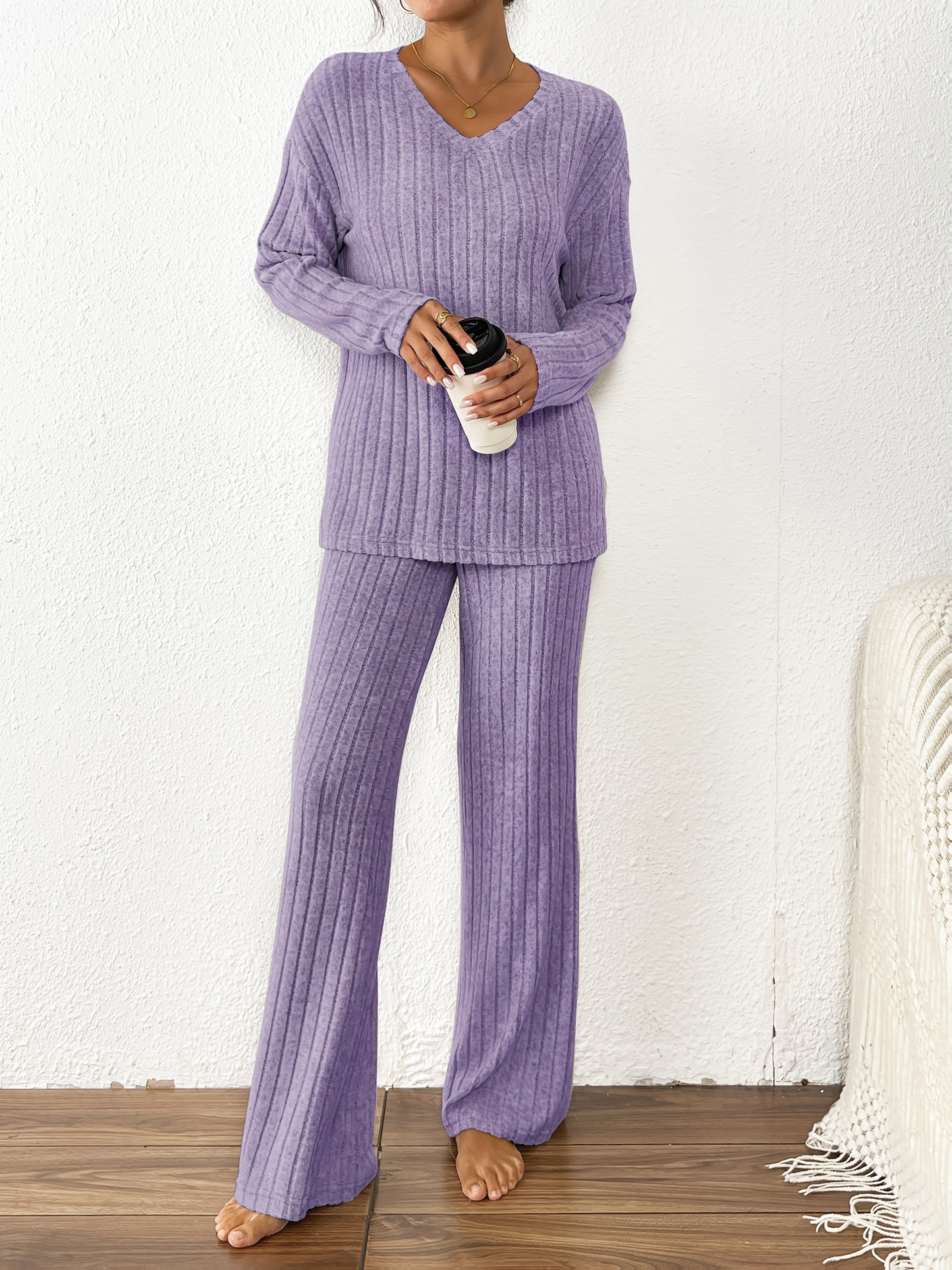 Cozy Ribbed V-Neck Top & Wide-Leg Pants Set - Soft Purple, Long Sleeve, Loose Fit, Perfect for Fall/Winter, Casual Wear|Vneck Top|Ribbed Texture