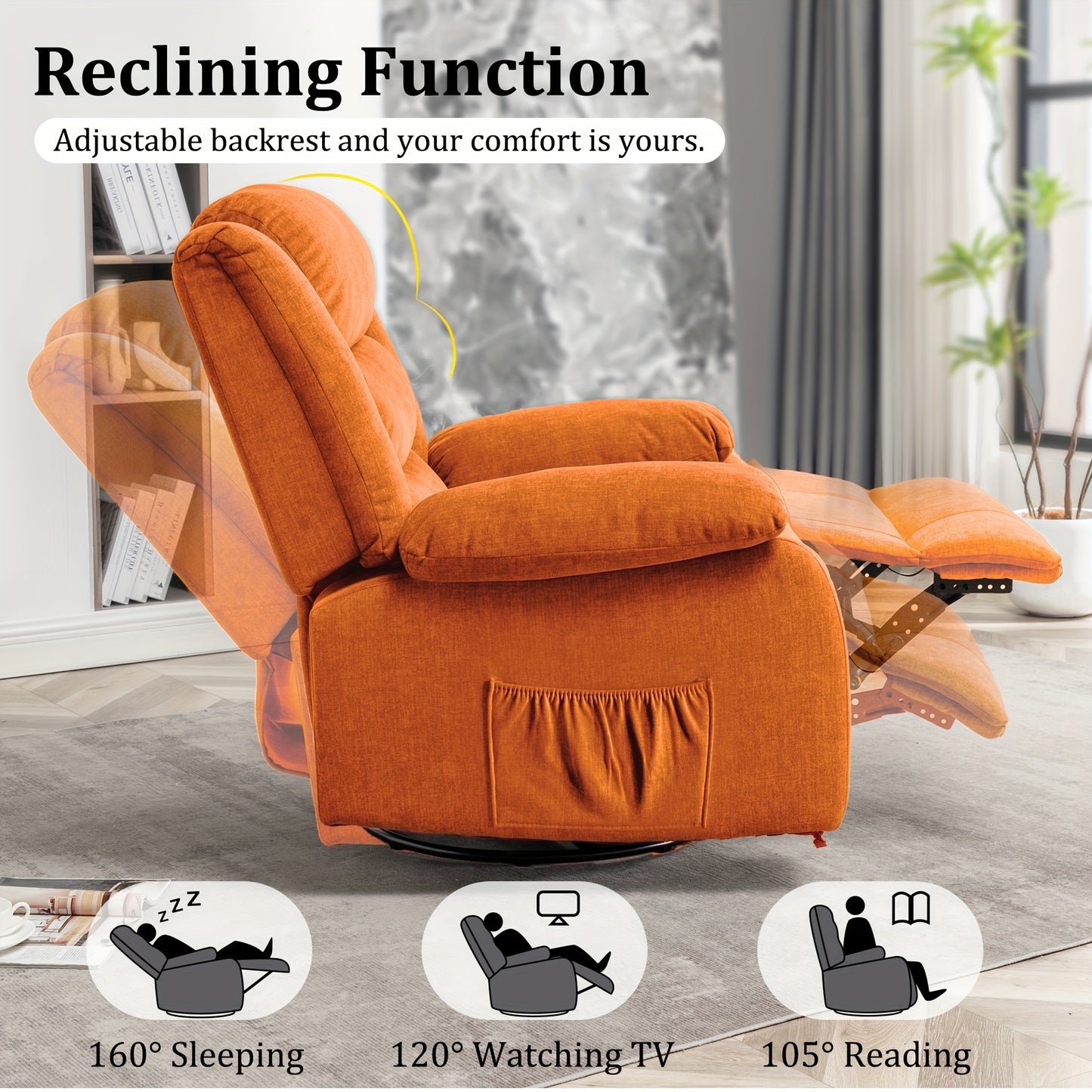 360° Rotating Extra-Large Recliner Chair with Massage & Heating Functions - Manual Adjustable Orange Cashmere Rocking Chair for Adults, Ergonomic Design with Side Pockets, Mother's Day/Father's Day Gift for Living Room, Chai
