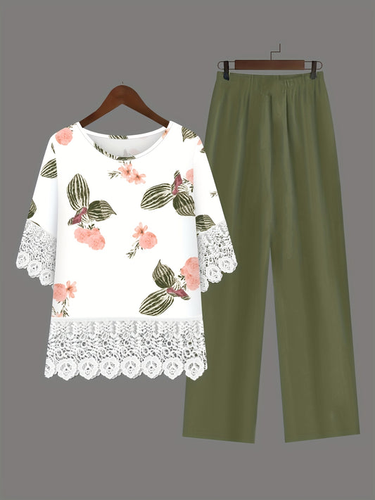 Women's Casual Set Floral Print Round Neck 3/4 Sleeve Lace Panel Top and Symmetrical Pocket Solid Color Pants Two-Piece Set