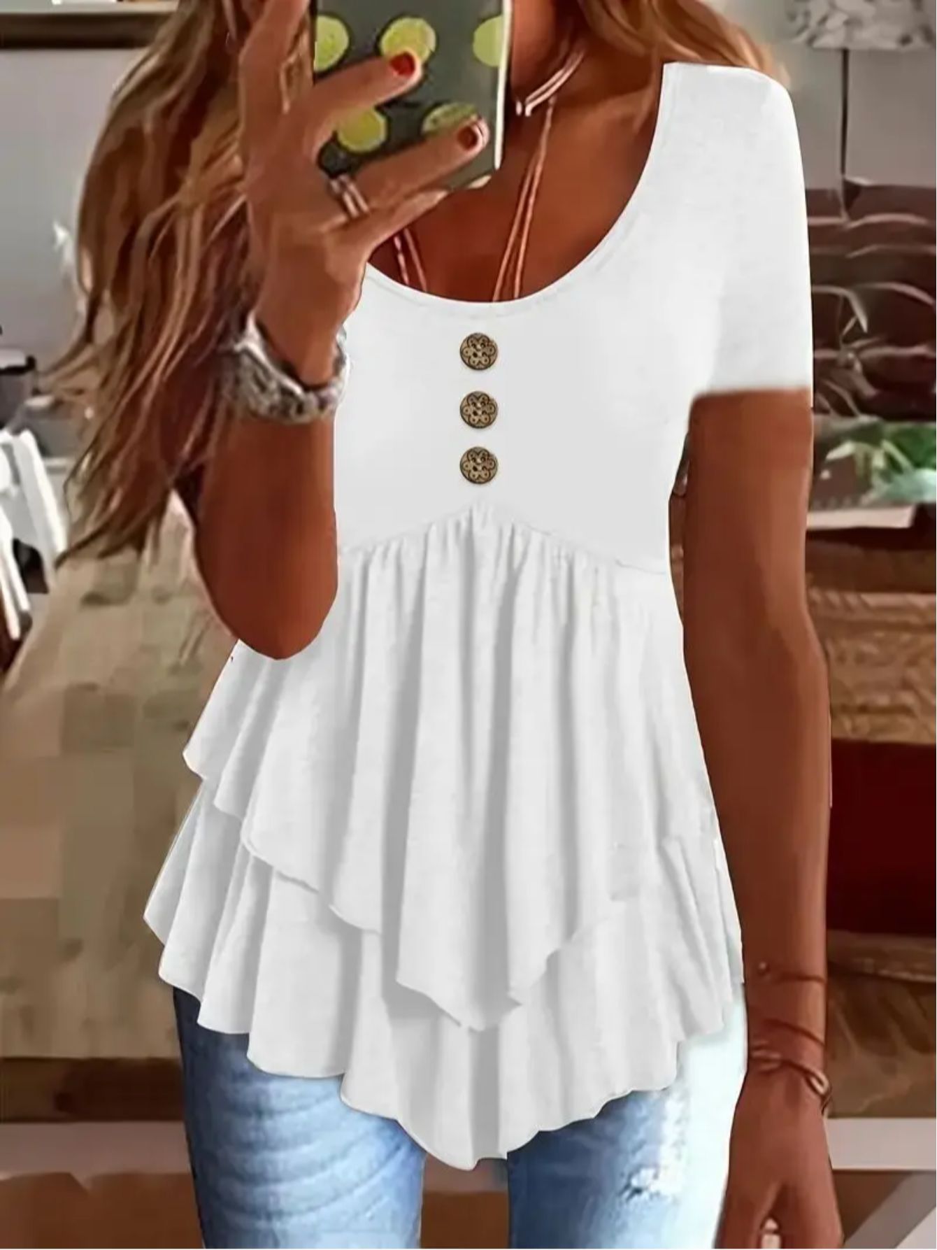 Women's Mint Green Crew Neck T-Shirt - Non-Stretch Casual Blouse with Front Button Closure, Tiered flare hem for Everyday & Formal Outfits - Machine Washable Summer Top, Ladies T-shirts, Nonstretch Fabric, Spring Fashion, Lig