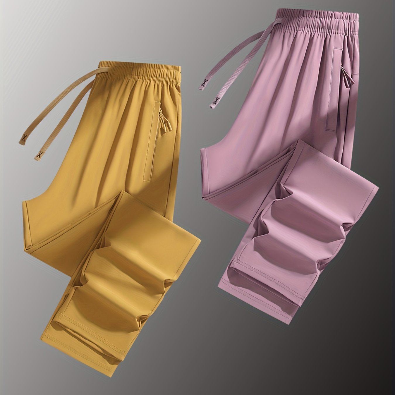 Two Pairs Of Summer Women's Long Pants, Solid-color Pants for Women, Elastic Drawstrings At The Waist, Hidden Zipper Pockets, Straight-leg Pants with Nylon And Spandex Medium-elastic Fabric, Ice Silky Quick-drying Pants, Wome