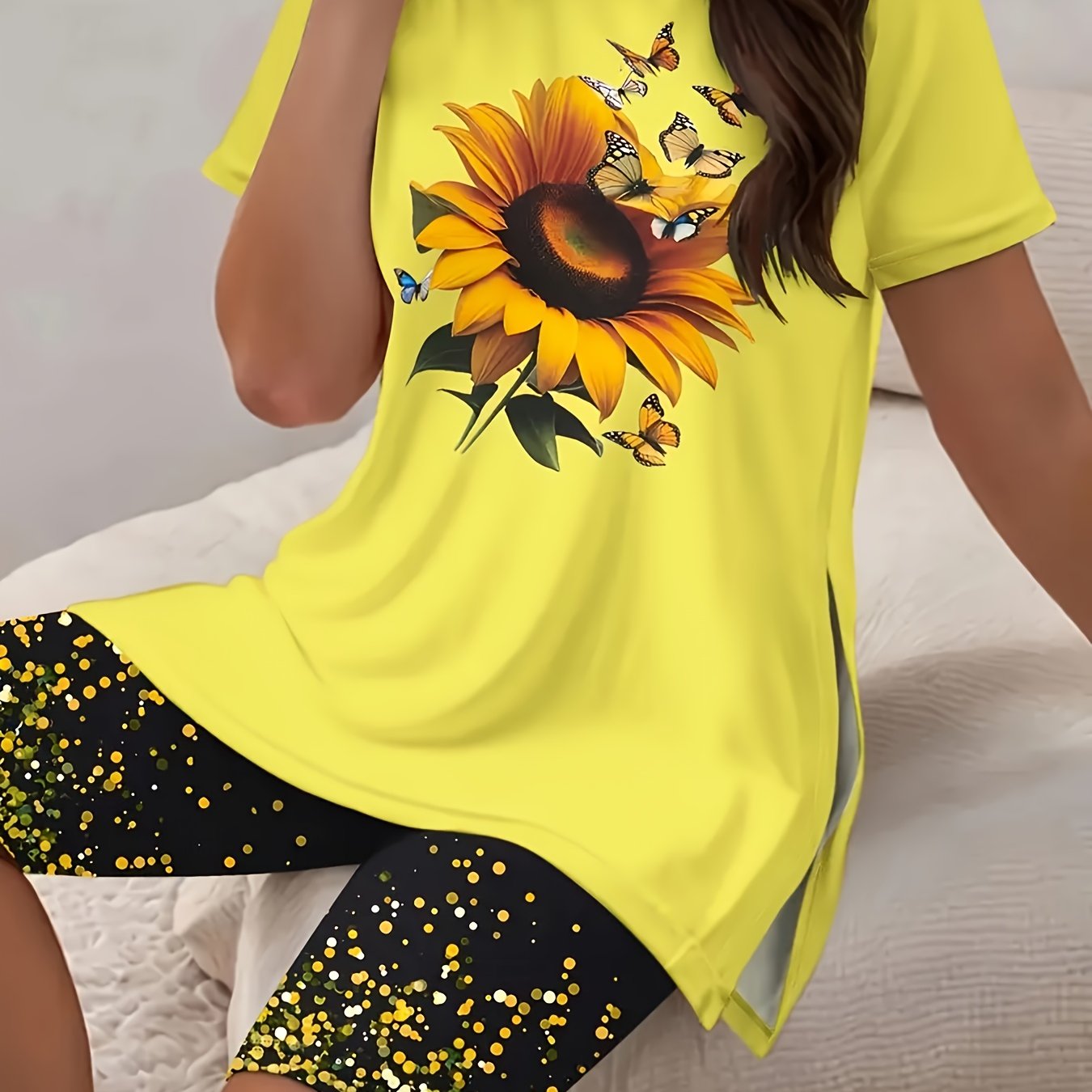 SINHOON Women'S Floral Two-Piece Set, Side Slit Top & Stretch Shorts For Casual Summer & Beach Outfits