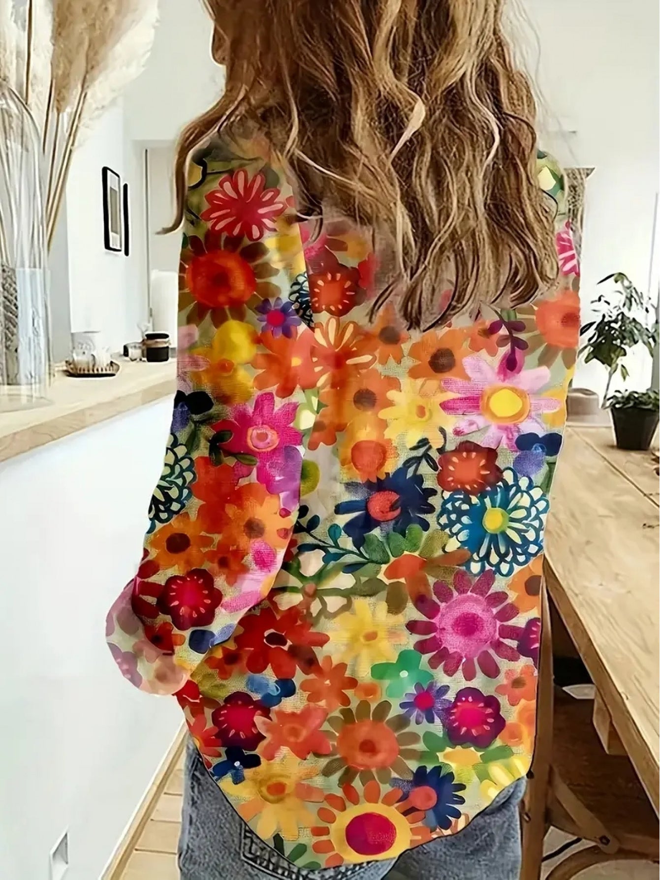 [Vibrant Blouse] Vibrant Floral Print Women's Long Sleeve Blouse| Stylish Spring/Summer Shirt with Lapel Collar and Patched Details- Casual Yet Sophisticated Style