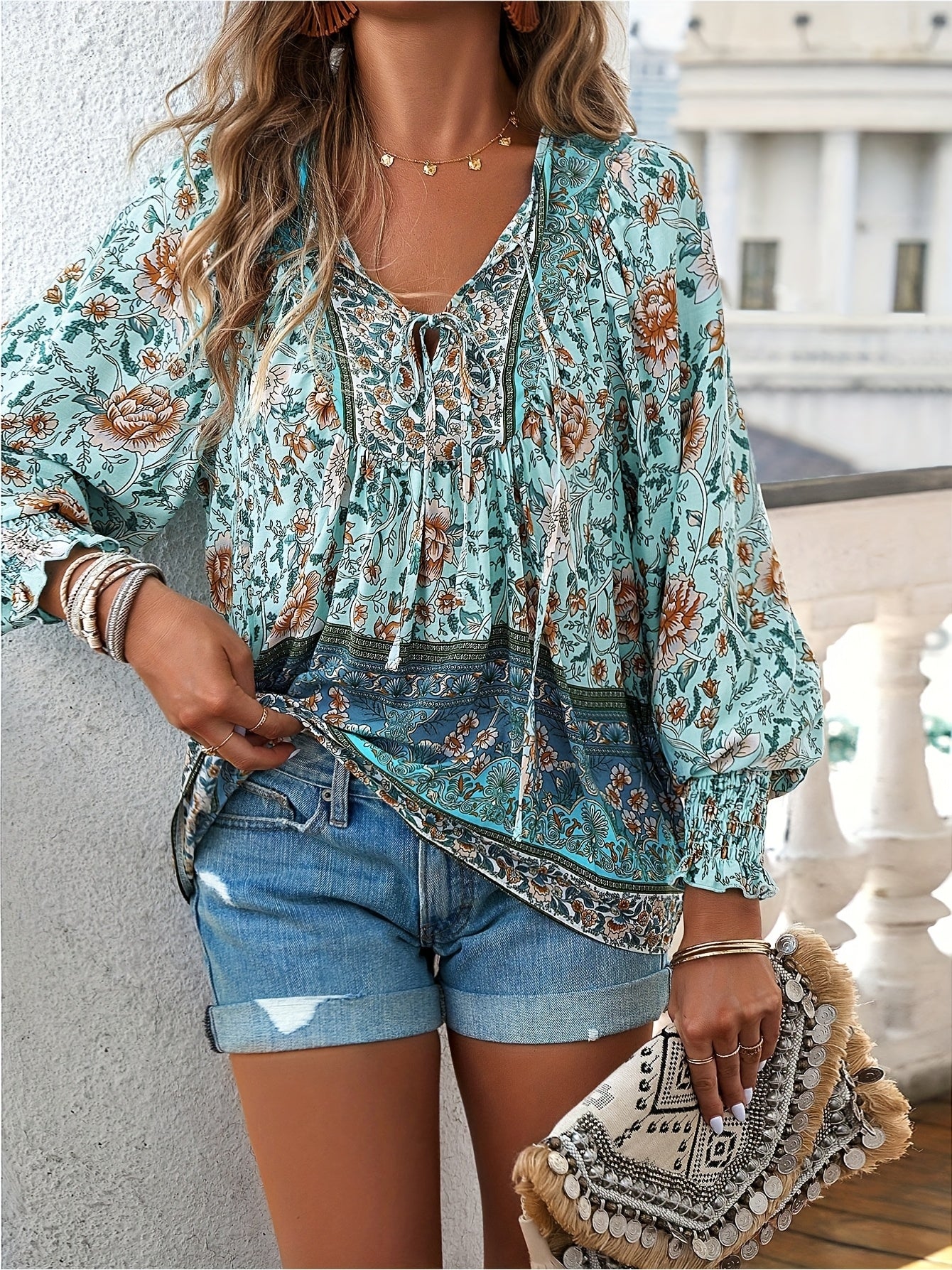 [Bohemian Style Shirt] Lightweight And Breathable Bohemian Style Shirt - Summer Top Long Sleeved Sunscreen T-shirt - Elegant Shirt Suitable for Vacation