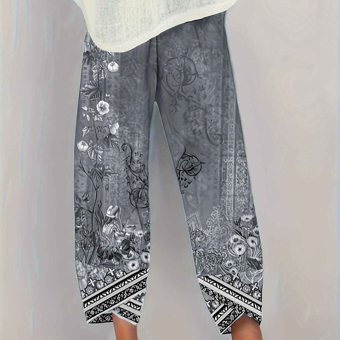 [Floral Print Palazzo Pants] Plus Size Floral Print Palazzo Pants | High Waist Wide Leg Cropped Pants, Soft Polyester Casual Summer Pants for Women, Lightweight & Breathable, Perfect for Casual Attire, Allseason Pants