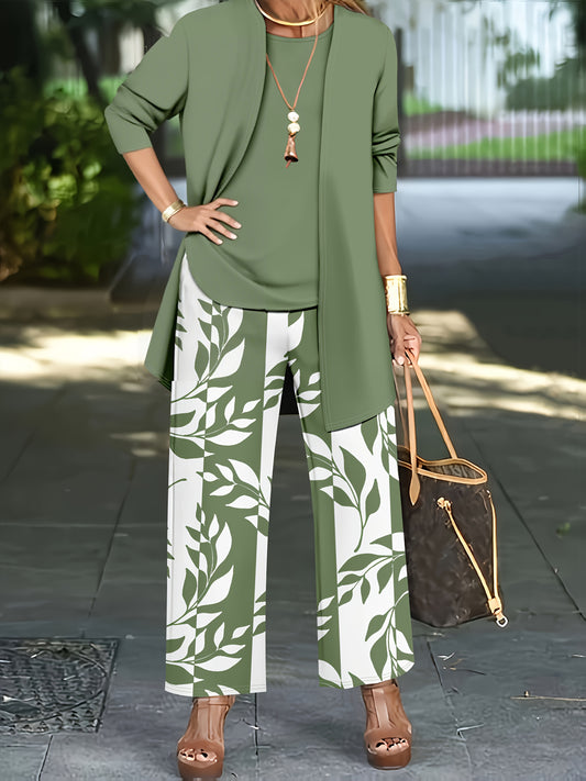 3pcs Women's Set: Solid Color Cardigan Jacket Paired with Camisole Top And Printed Casual Pants, A Must-have for Daily Wear