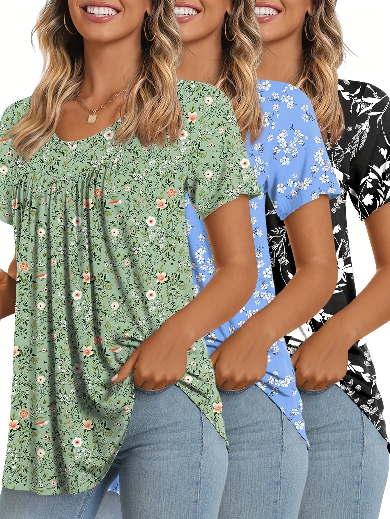 Three-Piece Women's Comfortable Loose-Fit Casual Shirt with Round Neck and Ruffled Short Sleeves