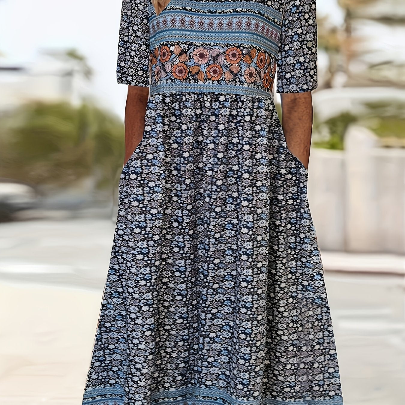 2025 Women'S Summer Floor-length Skirt Crewneck Short Sleeve Classic Paisley Print Skirt Casual Pleated Skirt With Pockets