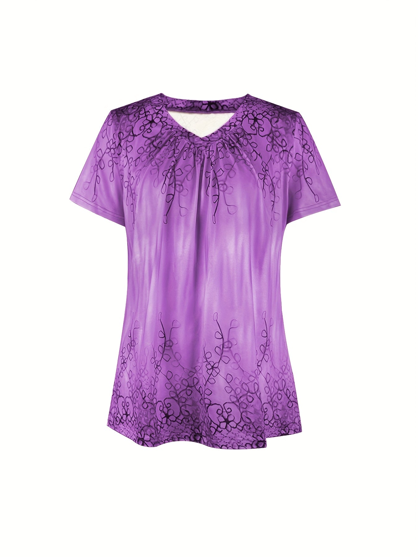 An Elegant Women'S Outfit Featuring a Botanical Print V-Neck Top with Short Sleeves, Paired with a Solid Two-Piece Set of Shorts.