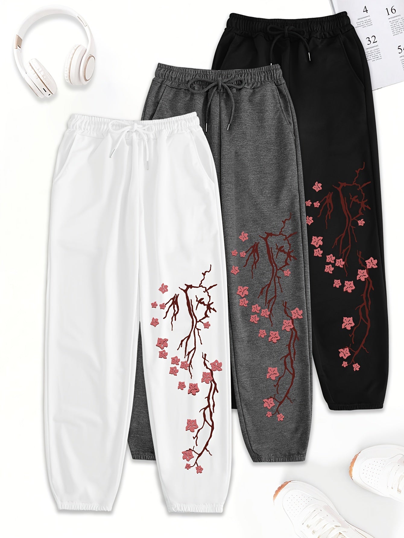 3pcs Women'S Casual Joggers with Elastic Waistband - Loose Fit, Drawstring Pants, White & Gray with Red Floral Print, All-Season Comfort, Jogging Pants