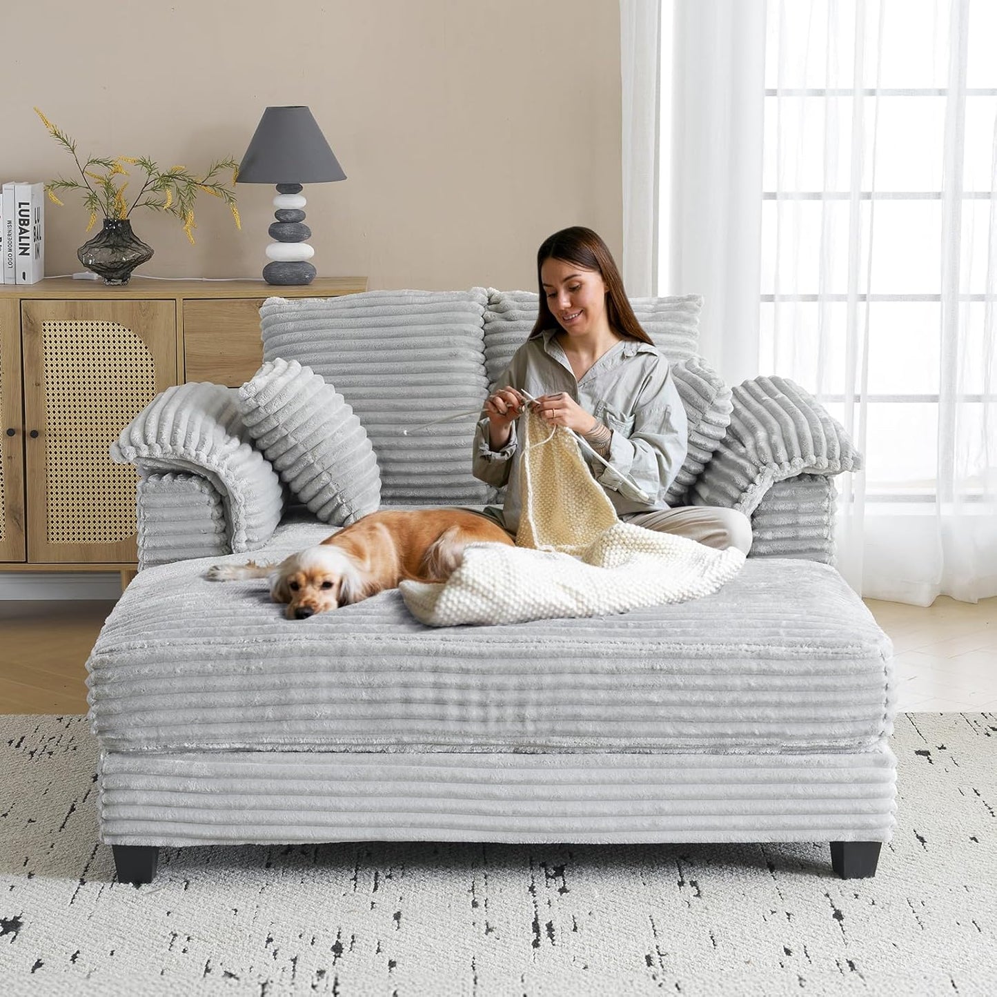 LEADZM Lounge Sofa, 56" Oversized Reading Sofa Corduroy Chaise Sofa Recliner Bed Upholstered Comfy Sleeper Couch with Throw Pillows And Armrests for Living Room, Movie Room, Bedroom