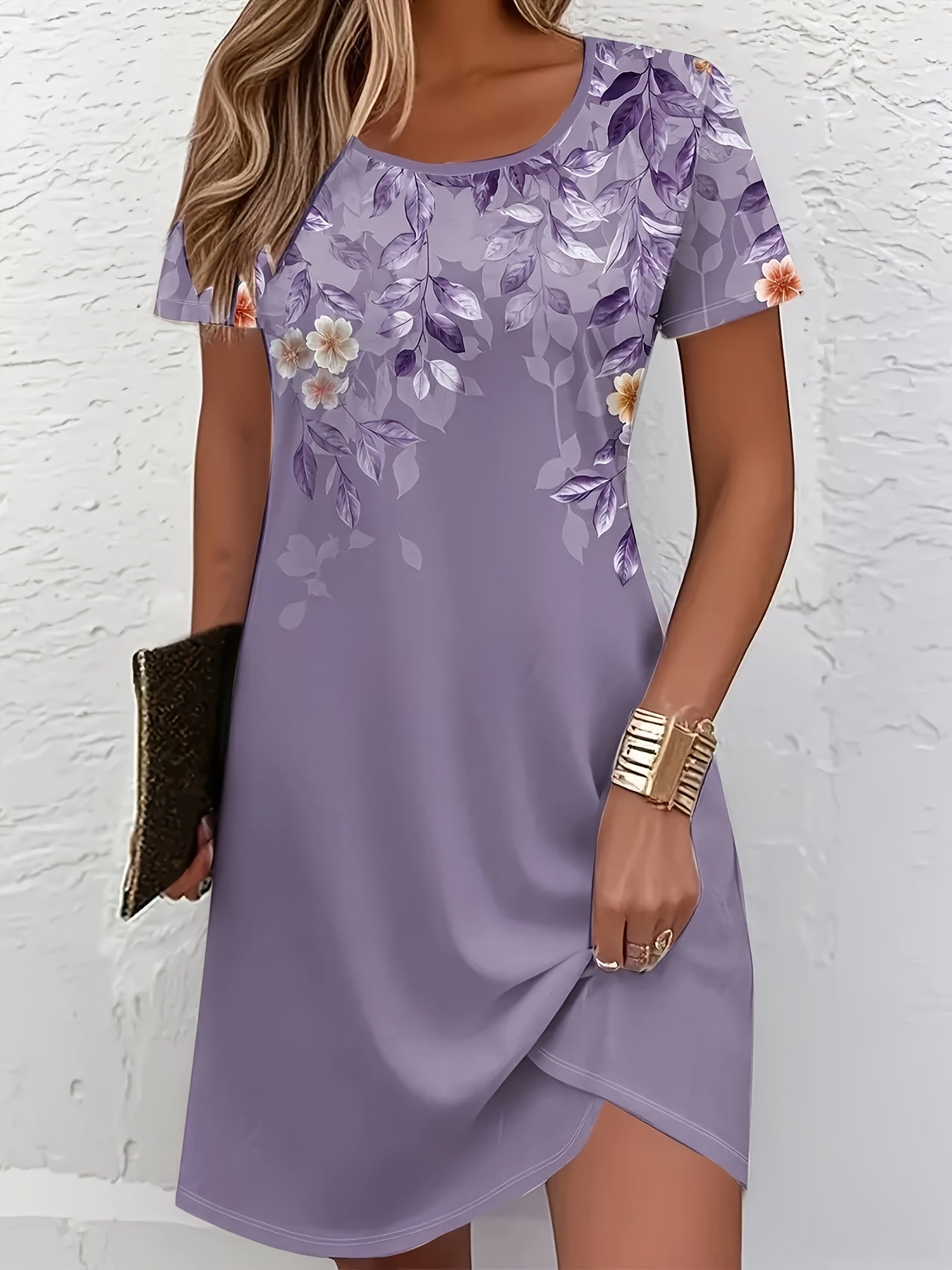 Women's Elegant Floral Print A-Line Midi Dress - Short Sleeve, Round Neck, Lightweight Polyester, Perfect for Spring/Summer Vacations, Beachwear Ready, Beach Dress, Attractive Skirts for Women, Summer Clothing Promotion for L
