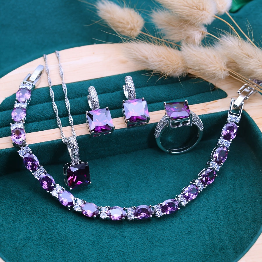 5pcs Vintage Style Copper Jewelry Set with Synthetic Purple Cubic Zirconia - Necklace, Earrings, Pendant, Ring, Bracelet - Ideal for Weddings, Christmas, Thanksgiving Gift, All-Season Accessory