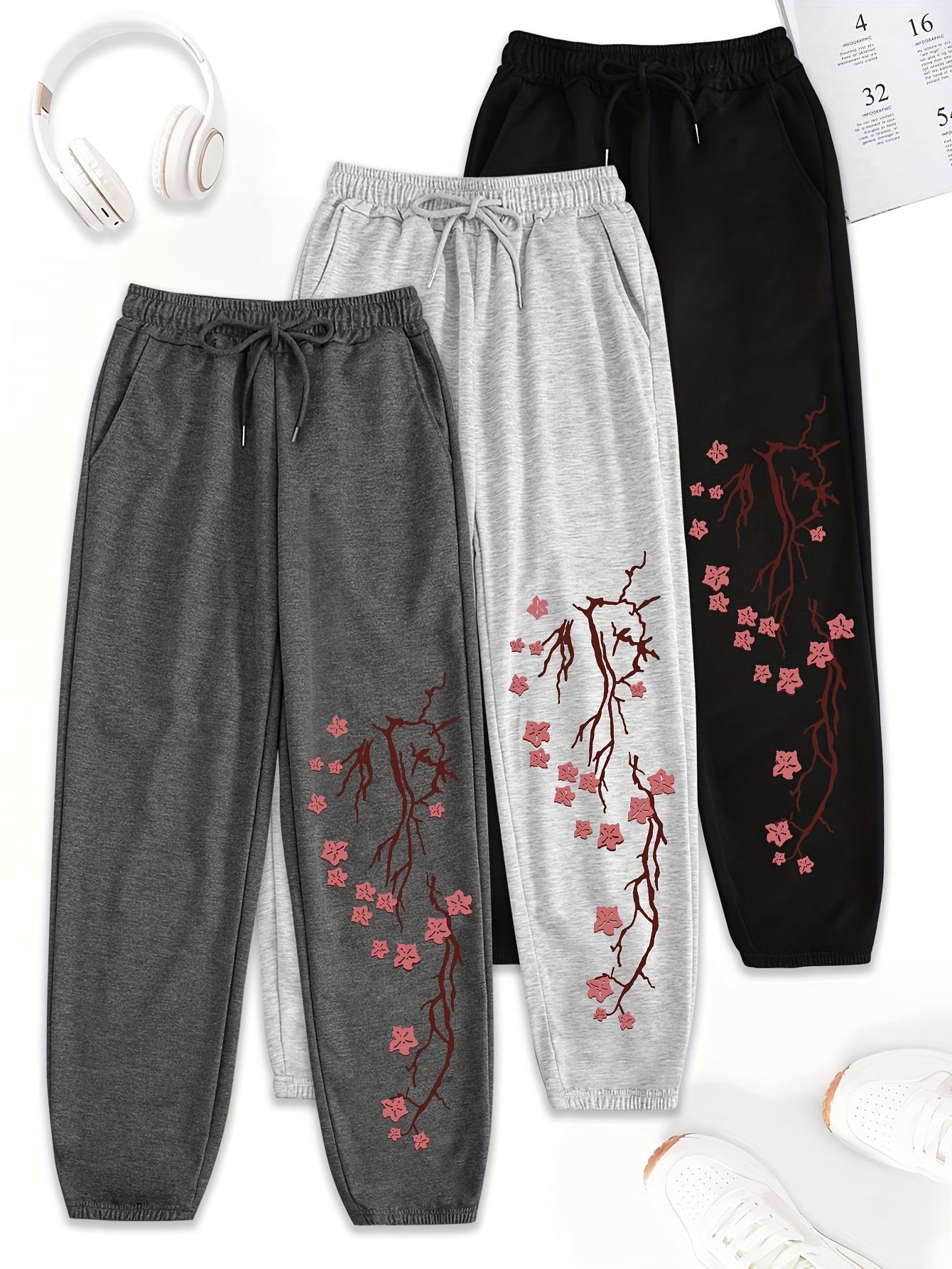 3pcs Women'S Casual Joggers with Elastic Waistband - Loose Fit, Drawstring Pants, White & Gray with Red Floral Print, All-Season Comfort, Jogging Pants