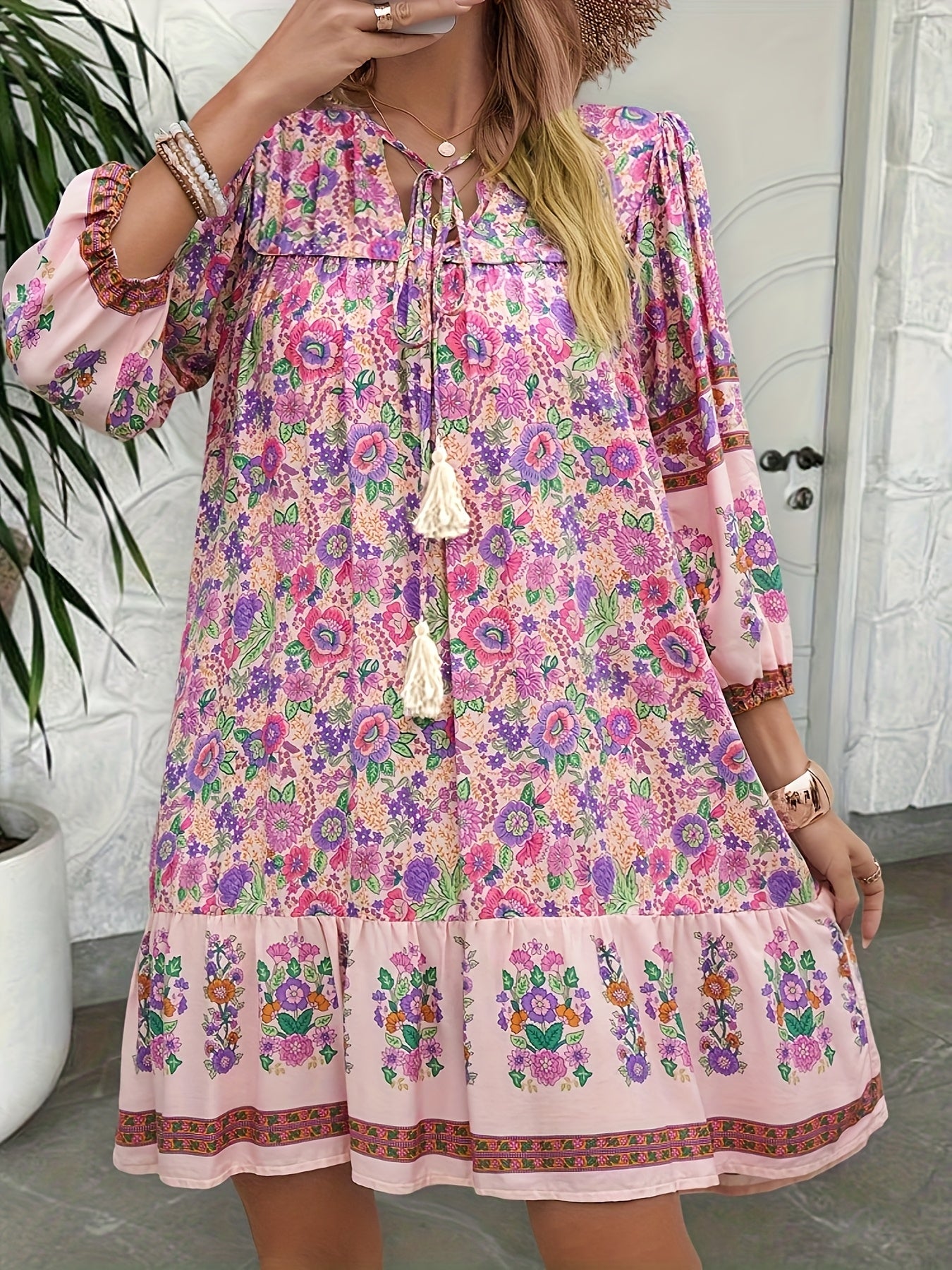 Ladies' floral print holiday stylish Su tie dress
