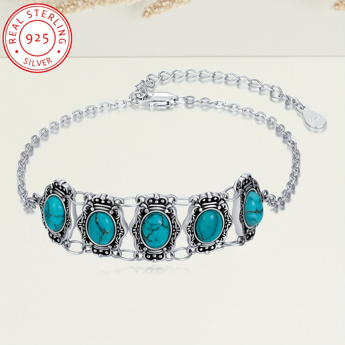 [Turquoise Link Bracelet] 925 Sterling Silver Turquoise Link Bracelet | Adjustable Bracelets for Women