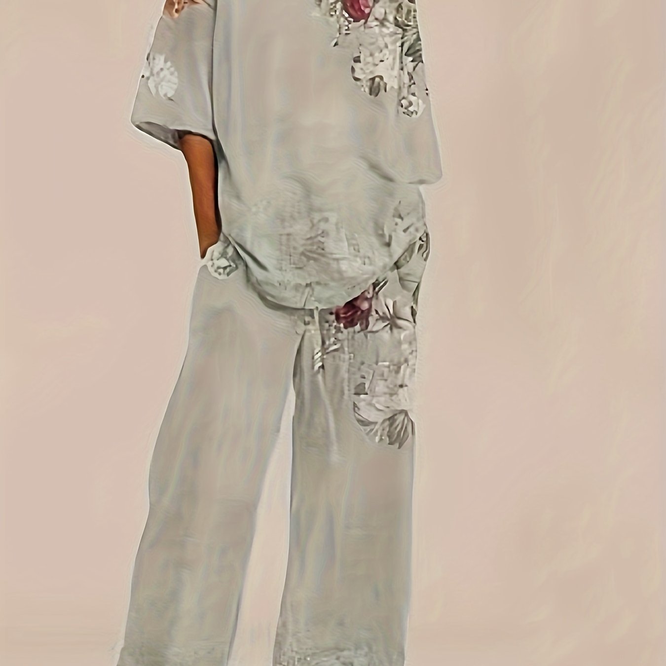 Vintage Floral Print Pants Set, Crew Neck Half Sleeve Top & Straight Leg Loose Pants, Women'S Clothing