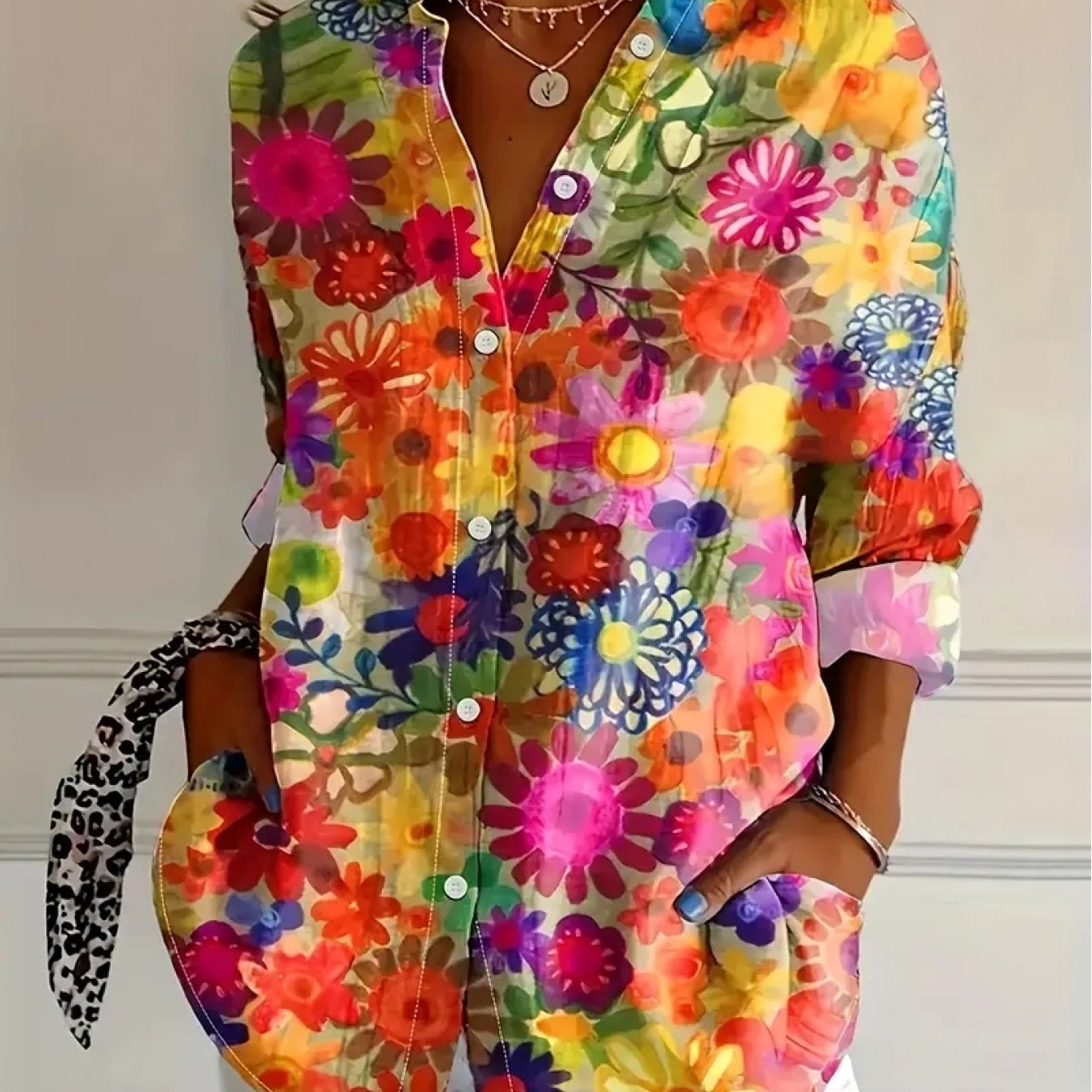 [Vibrant Blouse] Vibrant Floral Print Women's Long Sleeve Blouse| Stylish Spring/Summer Shirt with Lapel Collar and Patched Details- Casual Yet Sophisticated Style