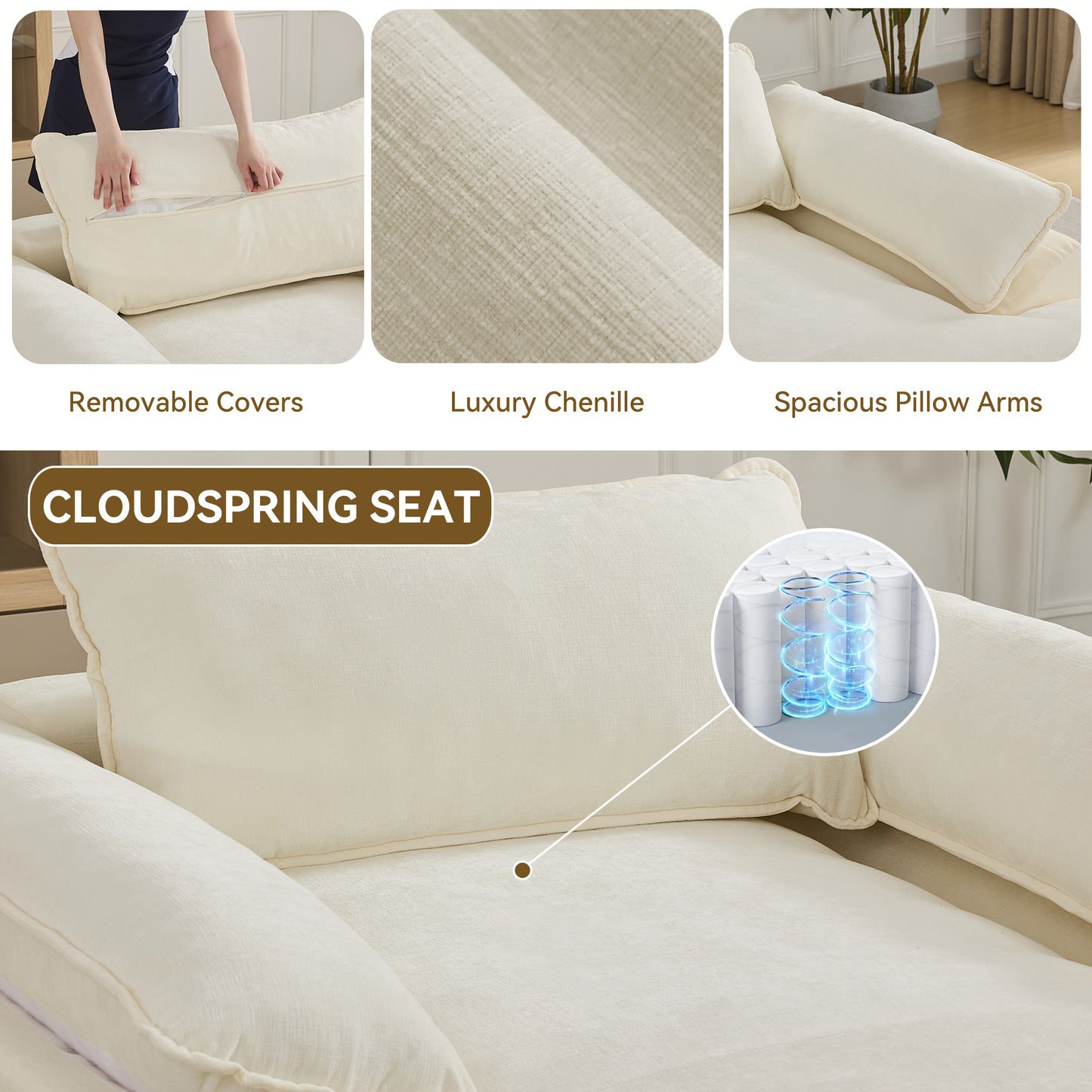 69" Oversized Boneless Chaise Lounge Chair - Modern White Chenille Upholstered Sofa Bed with Pocket Springs, No Assembly Required, Plush Cushioned Reading Chair with Ottoman for Living Room, Bedroom, Office - Space-Saving Con