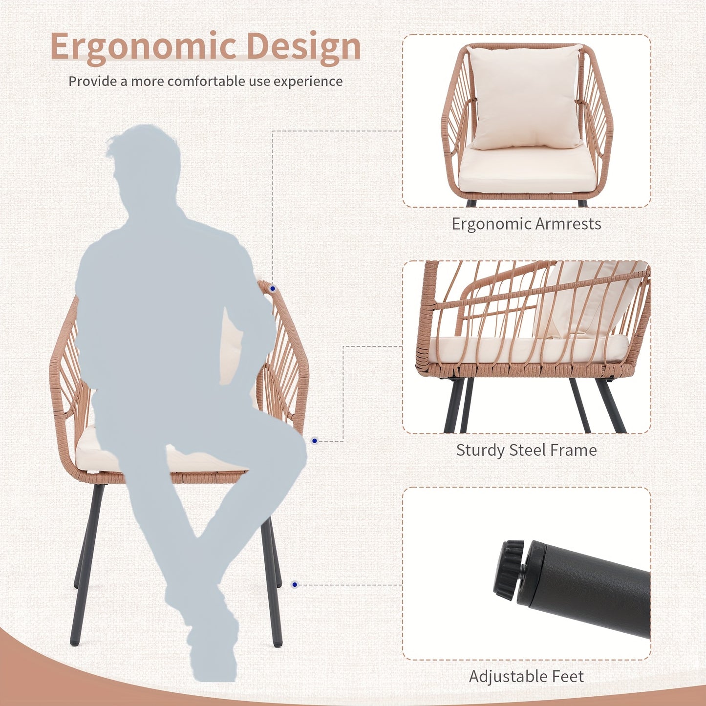 3pcs Patio Rattan Furniture Set, PE Wicker Bistro Set with 2 Armchairs And Glass Topped Side Table, Outdoor Conversation Set for Porch Balcony Backyard Poolside