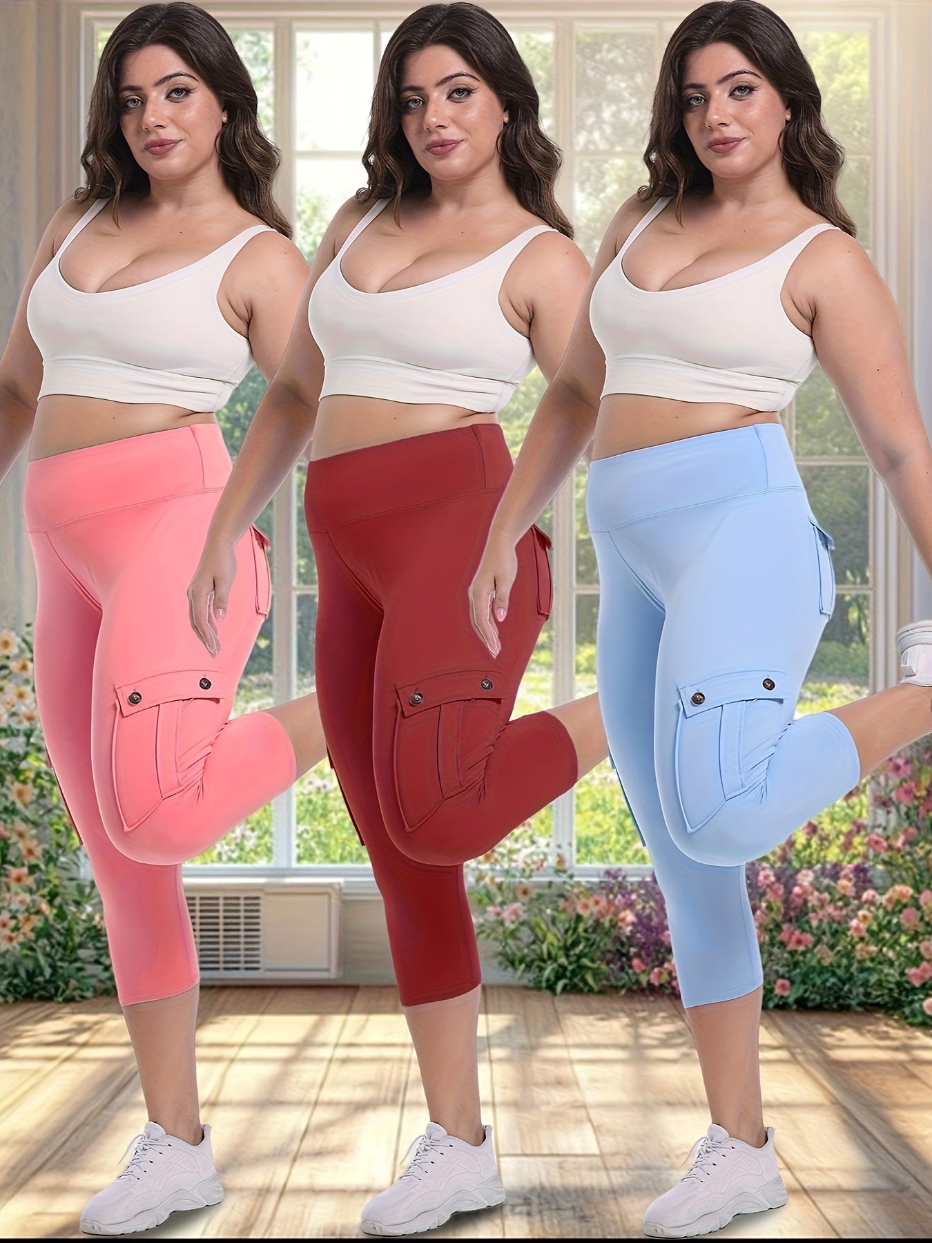 3pcs Women'S High-Waisted Yoga 7/10 Pants with Pockets - Stretch Running And Sports Leggings, Button Design, Solid Color, Comfortable Polyester Blend Fabric.