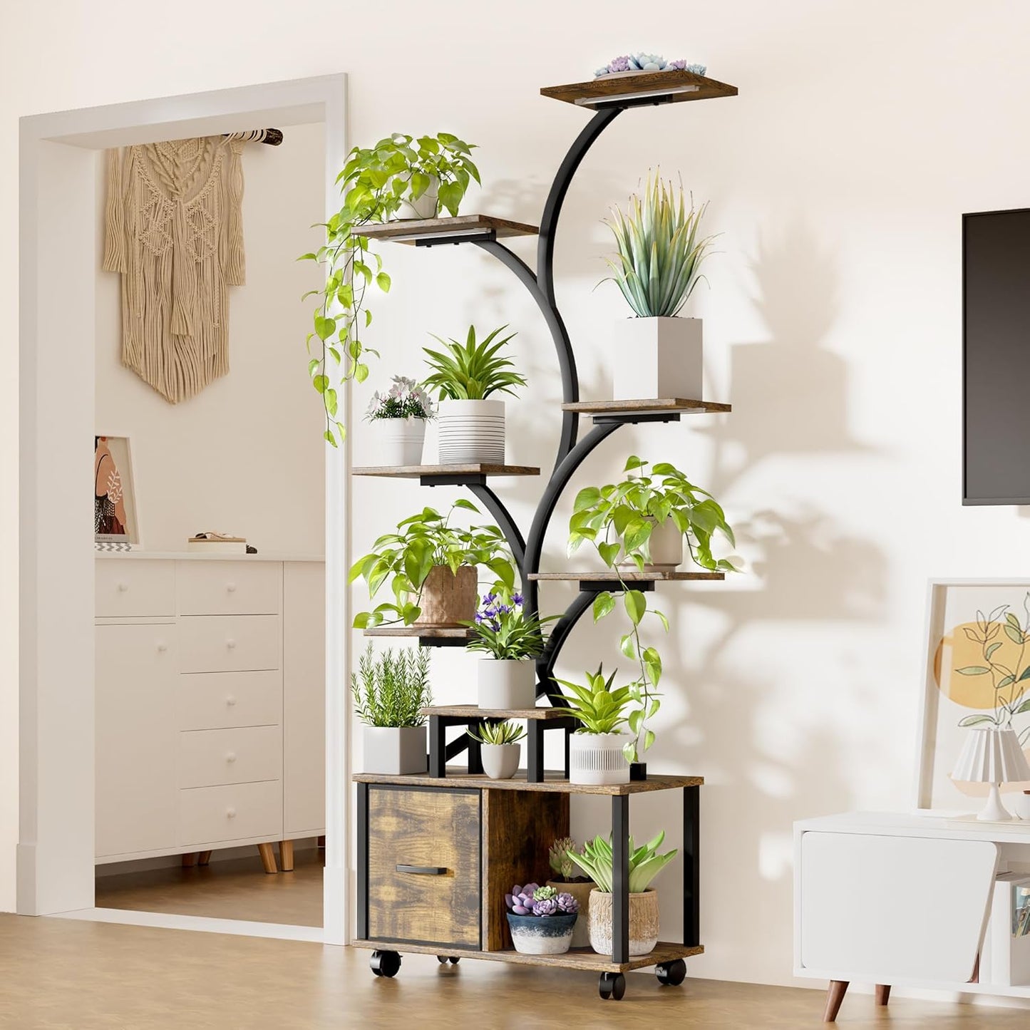 65" Tall 9-Tier Modern Plant Stand with Grow Light & Locking Casters - Heavy-Duty Steel Indoor Plant Shelf with Drawer, Brown/Golden Contemporary Design, Space-Saving Vertical Garden for Living Room, Balcony, Patio - Ideal fo
