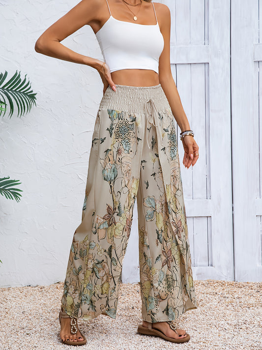 Women'S Floral Print Wide-Leg Pants - Beige/ Green/ Brown/ Black/ White/ - Lightweight Non-Transparent Trousers for Casual & Formal Outfits - Everyday & Special Events - Spring/Fall Seasonal Pants, Spring Fall Attire, Relaxed