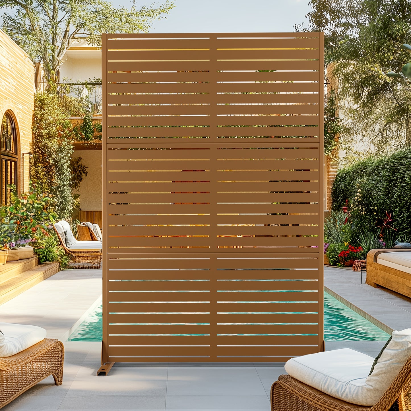 Natural Wood-Look Metal Privacy Screen, 4ft x 6ft - Freestanding Outdoor Fence with Bracket for Patio, Balcony, Backyard & Garden, Decorative Privacy Screen Panel, Metal Outdoor, 4ft W X 6ft H