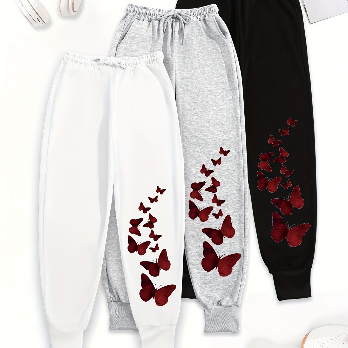 3pcs Women'S Casual Joggers with Butterfly Print - Elastic Waist, Loose Fit, Drawstring, Pockets, All-Season Comfort, Beige, Gray, Black, Jogging Pants
