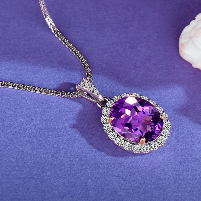 [1pc Amethyst 925 Sterling Silver Pendant Necklace] CUANAIR Elegant 925 Sterling Silver Pendant with Amethyst, Round Mosaic, Non-Magnetic, Purple, with 17.72inch Chain for Women'S Fashion Jewelry