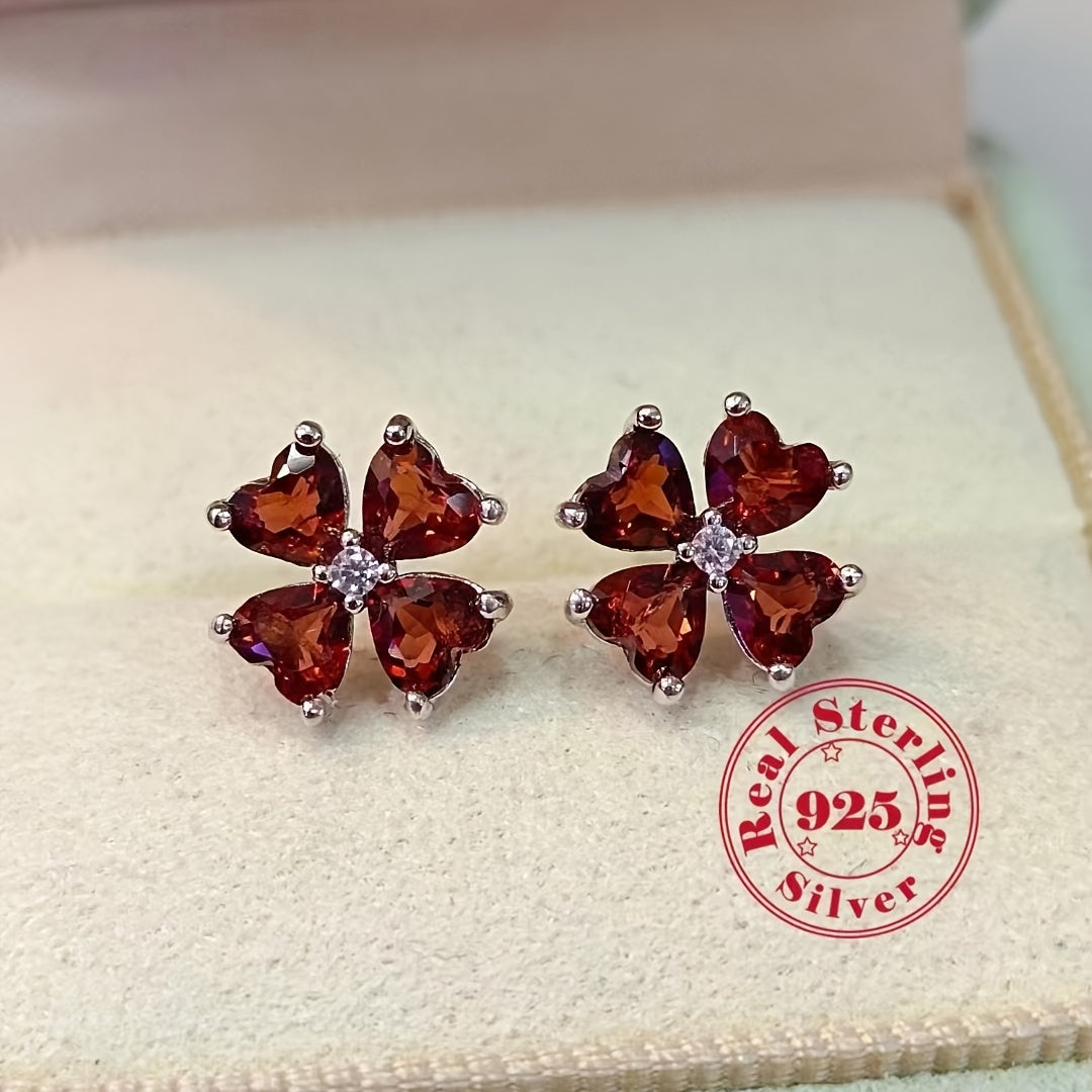 1 Pair Garnet Four-Leaf Clover Earrings, 18K Golden Plated, Boho Cute Style, Natural Stone, 925 Sterling Silver Post, January Birthstone, Anniversary Gift, Valentine'S Day Jewelry, All-Season Suitable